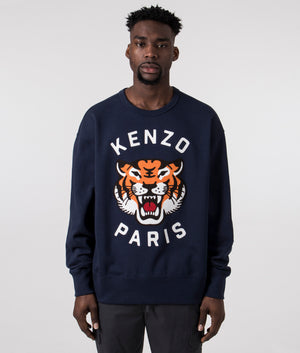 KENZO KENZO Lucky Tiger Embroidered Sweatshirt in Midnight Blue with Tiger Front Print, 100% Cotton Front Model Shot at EQVVS