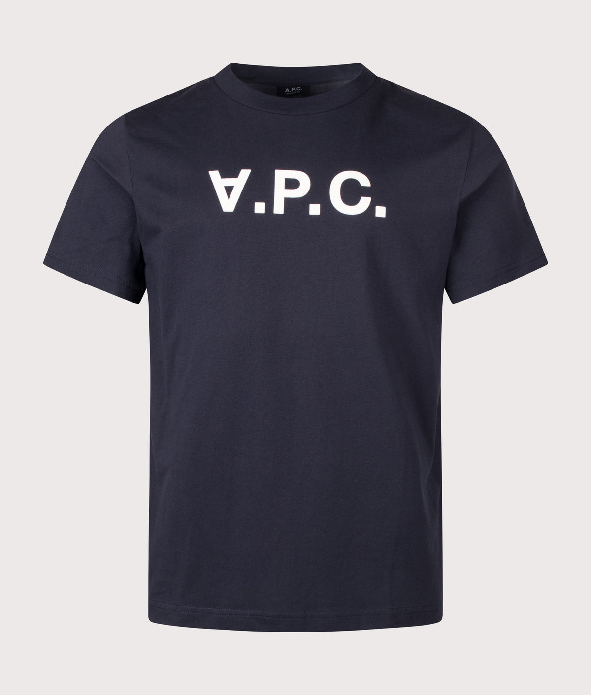 A.P.C Regular Fit Grand VPC Logo GOTS T-Shirt in Dark Navy and Ecru at EQVVS Menswear. Front shot.