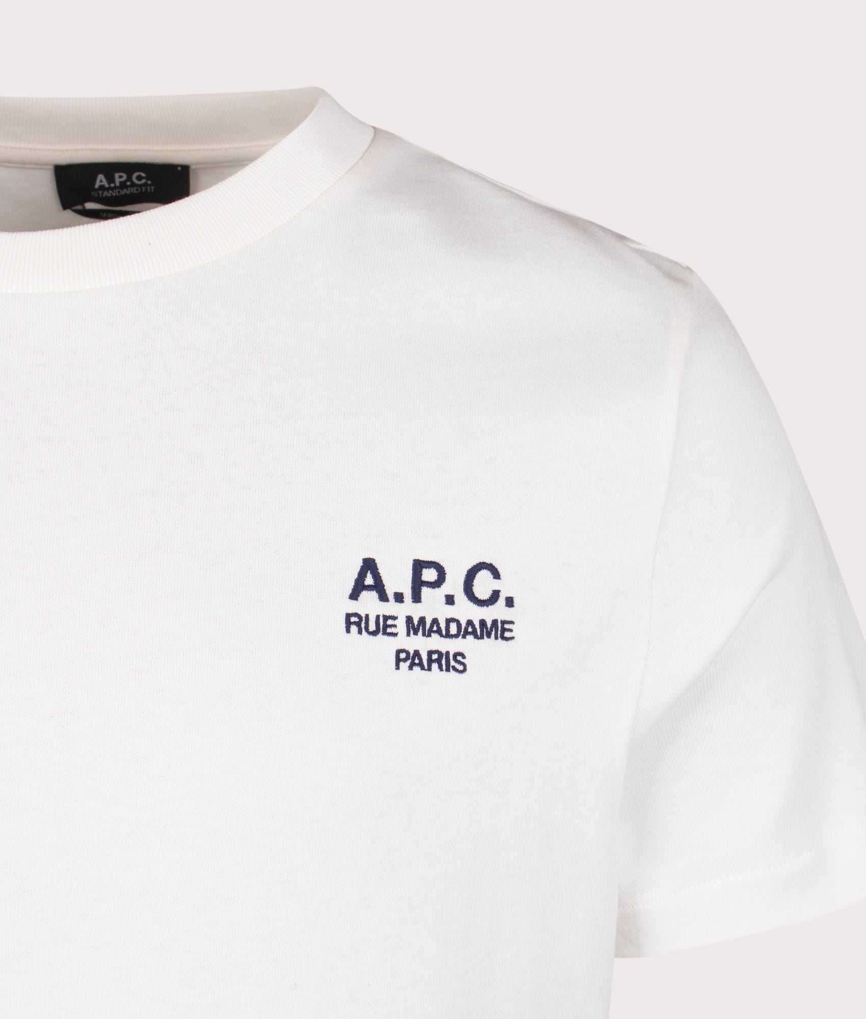 A.P.C. Rue Madame GOTS T-Shirt in White. Shot at EQVVS. Detailed shot. 