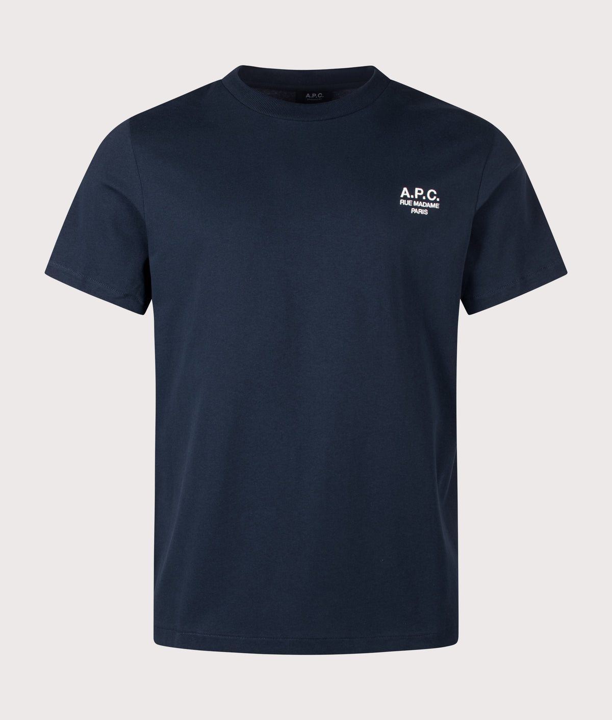 A.P.C. Regular Fit Rue Madame GOTS T-Shirt in Dark Navy and Ecru at EQVVS Menswear. Front shot.