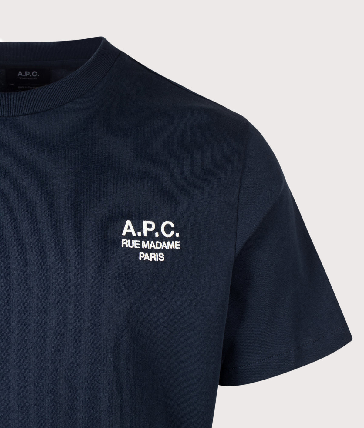A.P.C. Regular Fit Rue Madame GOTS T-Shirt in Dark Navy and Ecru at EQVVS Menswear. Detail shot.