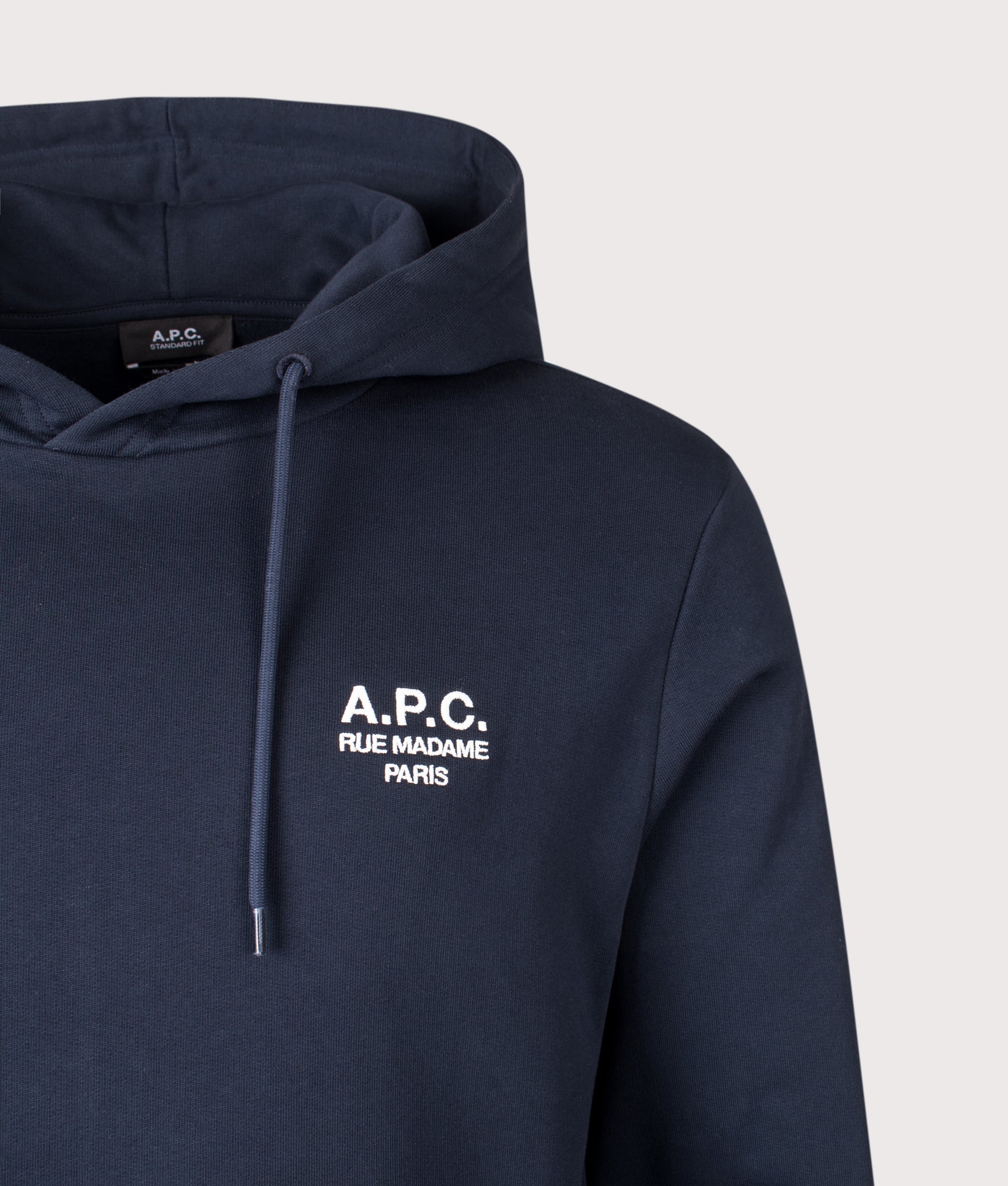 Rue Madame Hoodie in Dark Navy/Ecru | 100% Cotton | A.P.C. | EQVVS | Front detail shot 