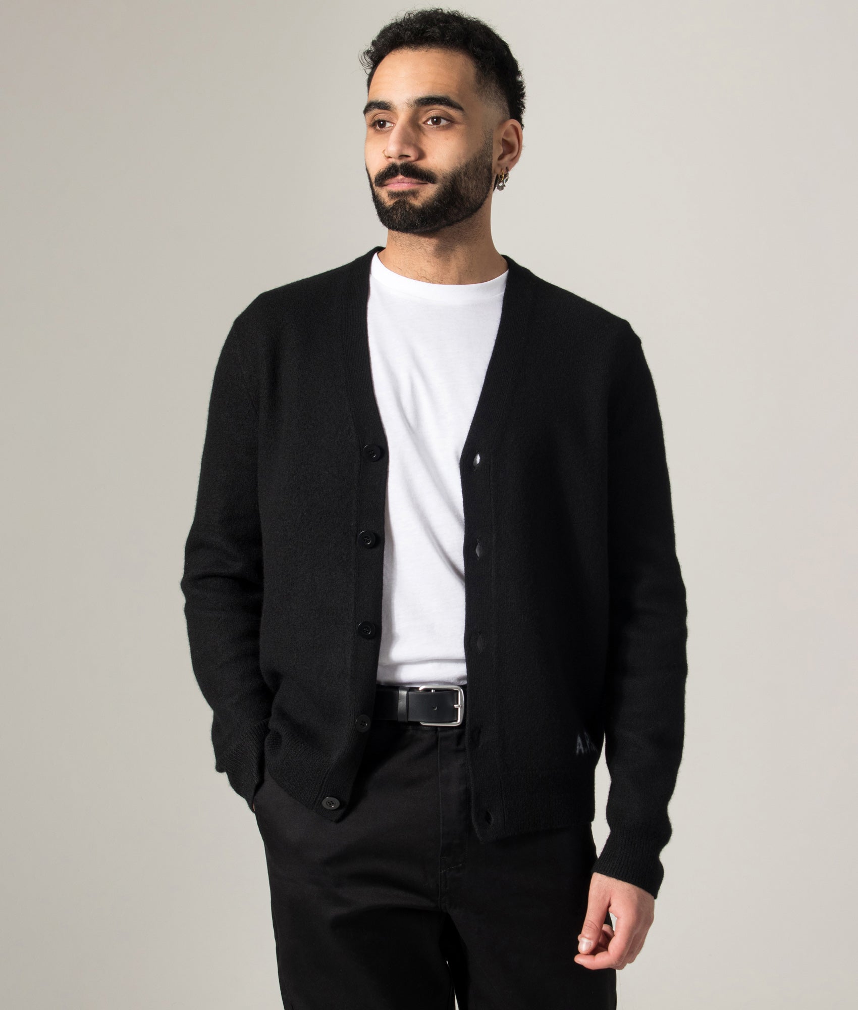 Relaxed Fit Kenny Cardigan in Black | 100% Wool | A.P.C. | EQVVS | Model shot 