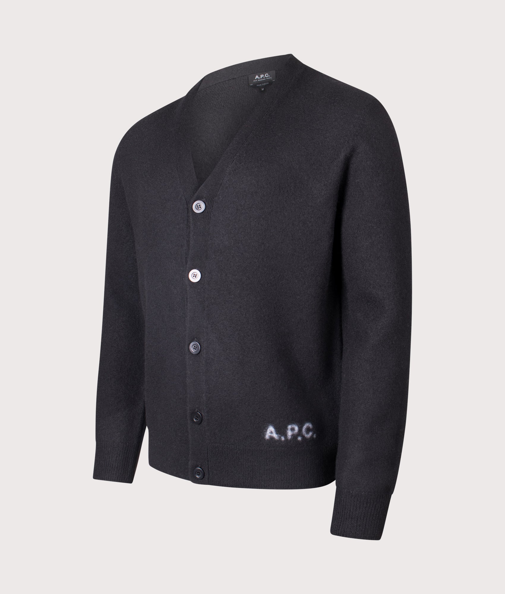 Relaxed Fit Kenny Cardigan in Black | 100% Wool | A.P.C. | EQVVS | Front angle shot 