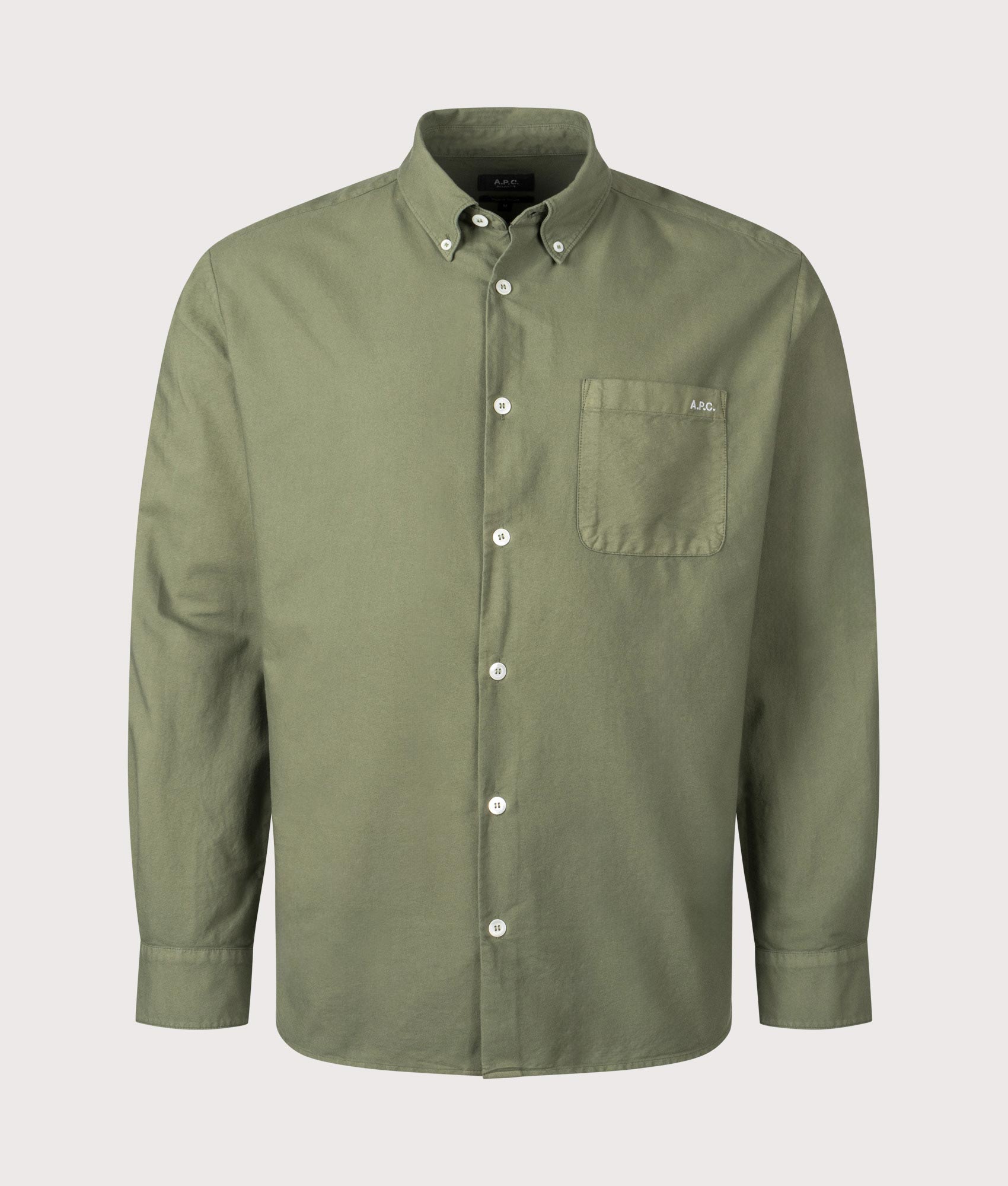 A.P.C. Mateo Logo Shirt in Military Green. Shot at EQVVS. Front shot.