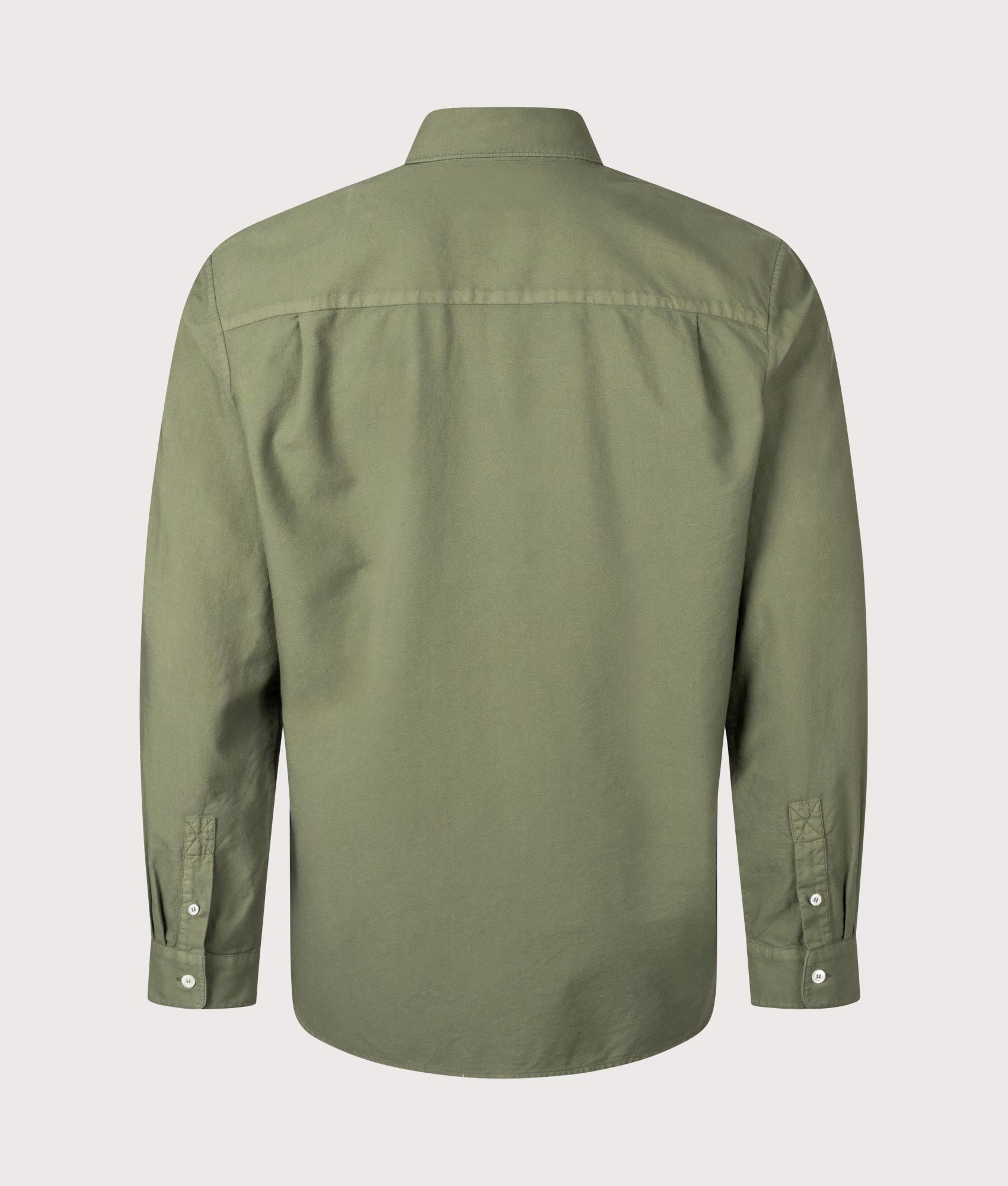 A.P.C. Mateo Logo Shirt in Military Green. Shot at EQVVS. Back shot. 