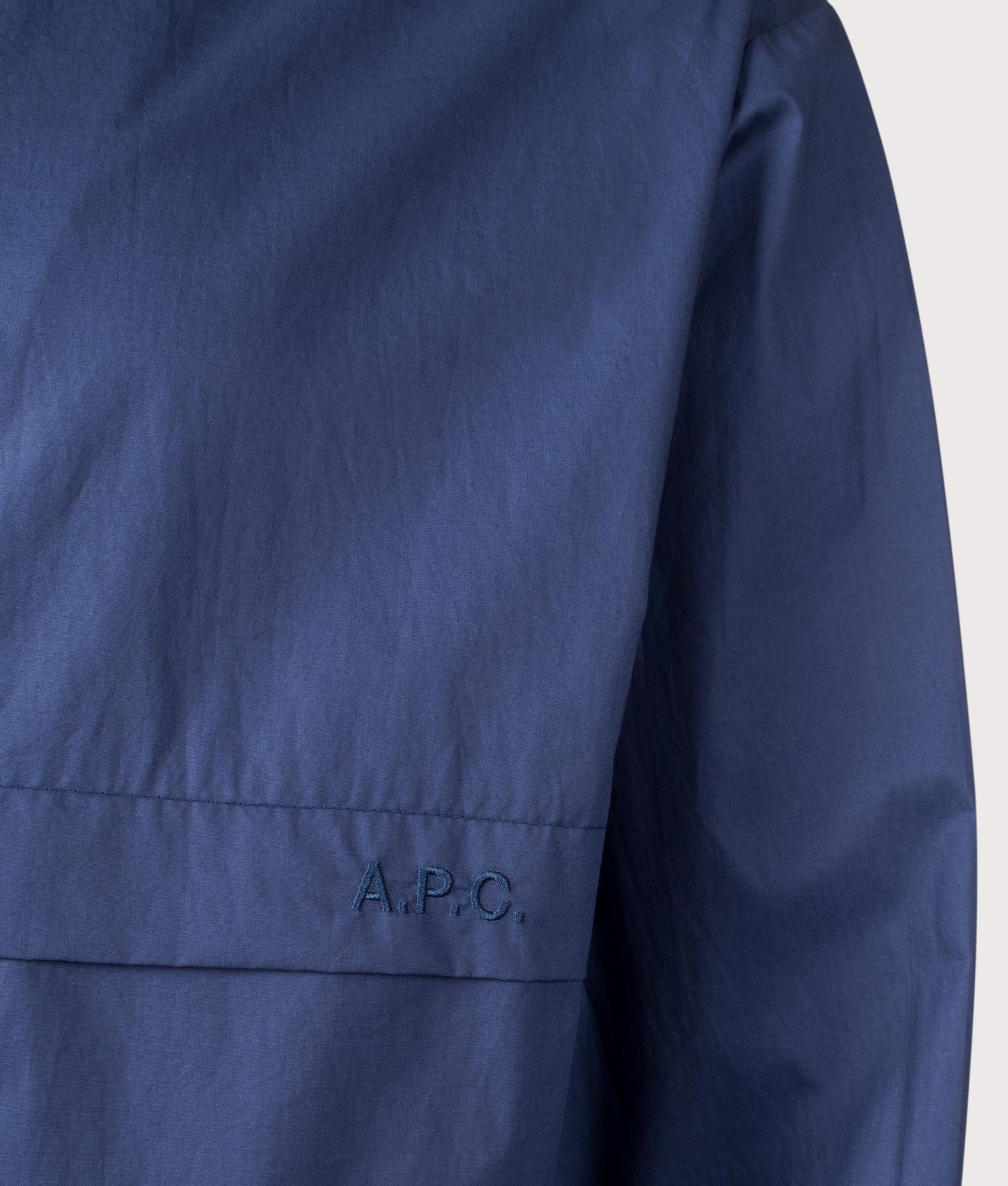 A.P.C. Joe Windbreaker in Marine Blue. Shot at EQVVS.  Detail shot.
