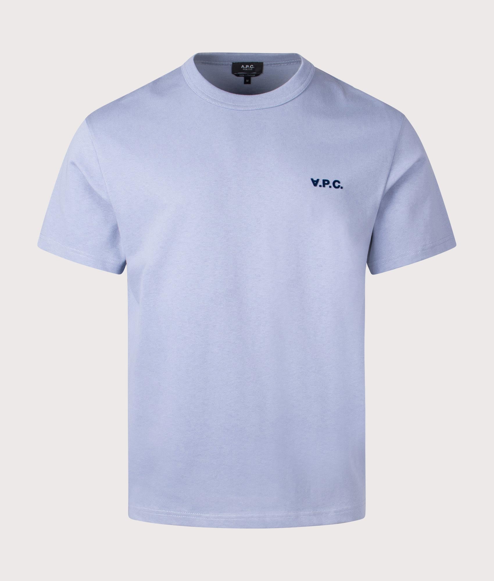 A.P.C. Relaxed Fit Petit VPC Logo T-Shirt in Blue Grey/Dark Navy. Shot at EQVVS.  Front shot. 