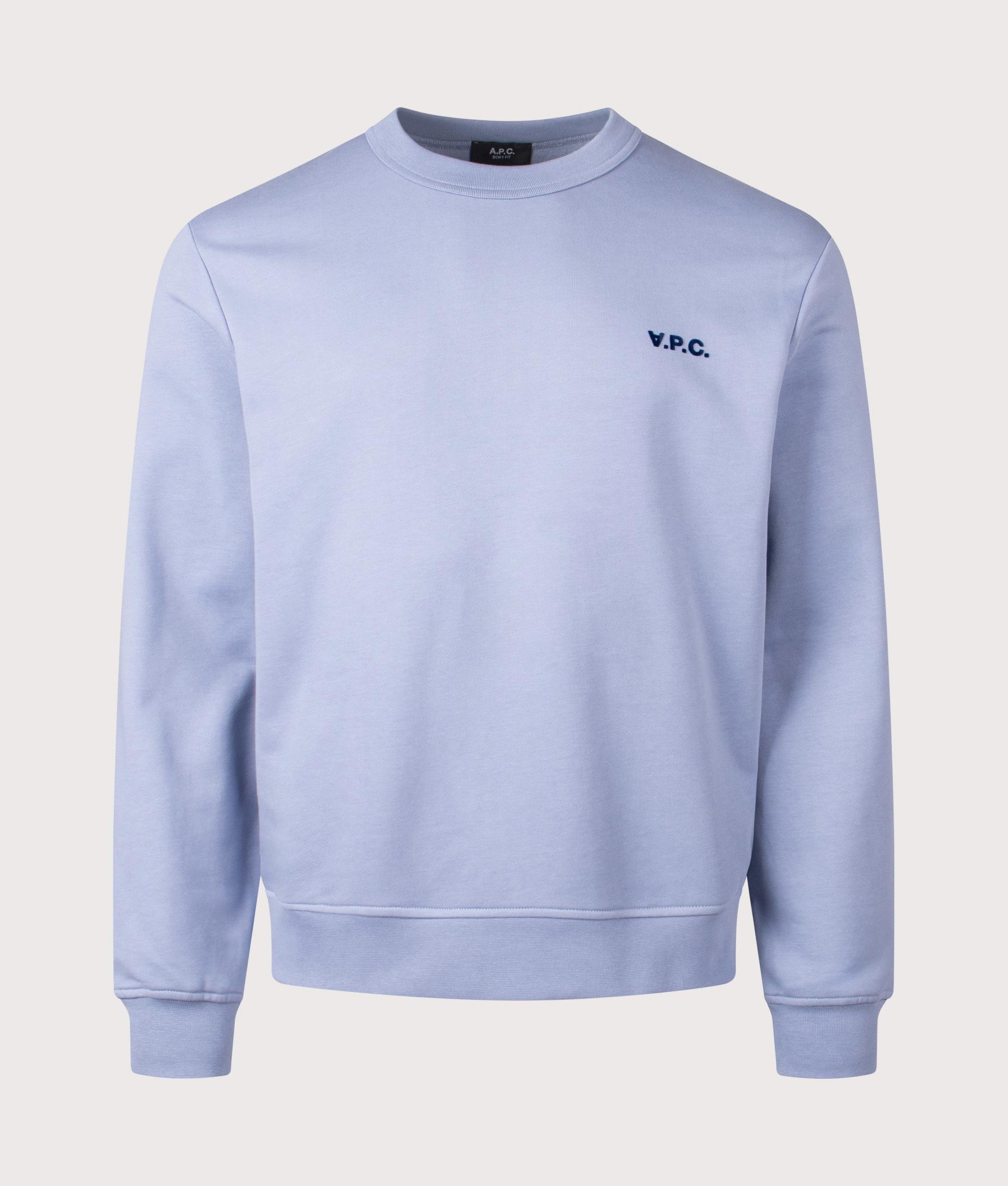 A.P.C. Relaxed Fit Petit VPC Logo Sweatshirt in Blue Grey/Dark Navy. Shot at EQVVS.  Front shot. 