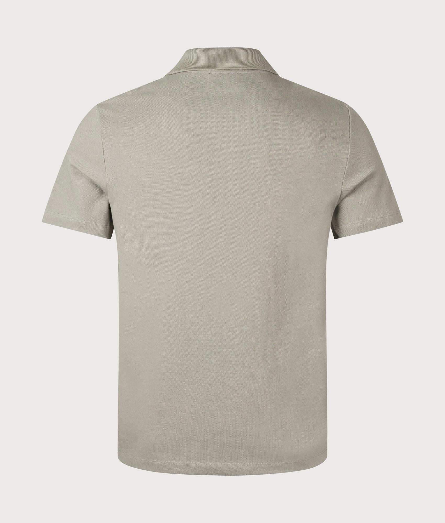 A.P.C. Relaxed Fit Standard Polo Shirt in Grey Green. Shot at EQVVS. Back shot. 