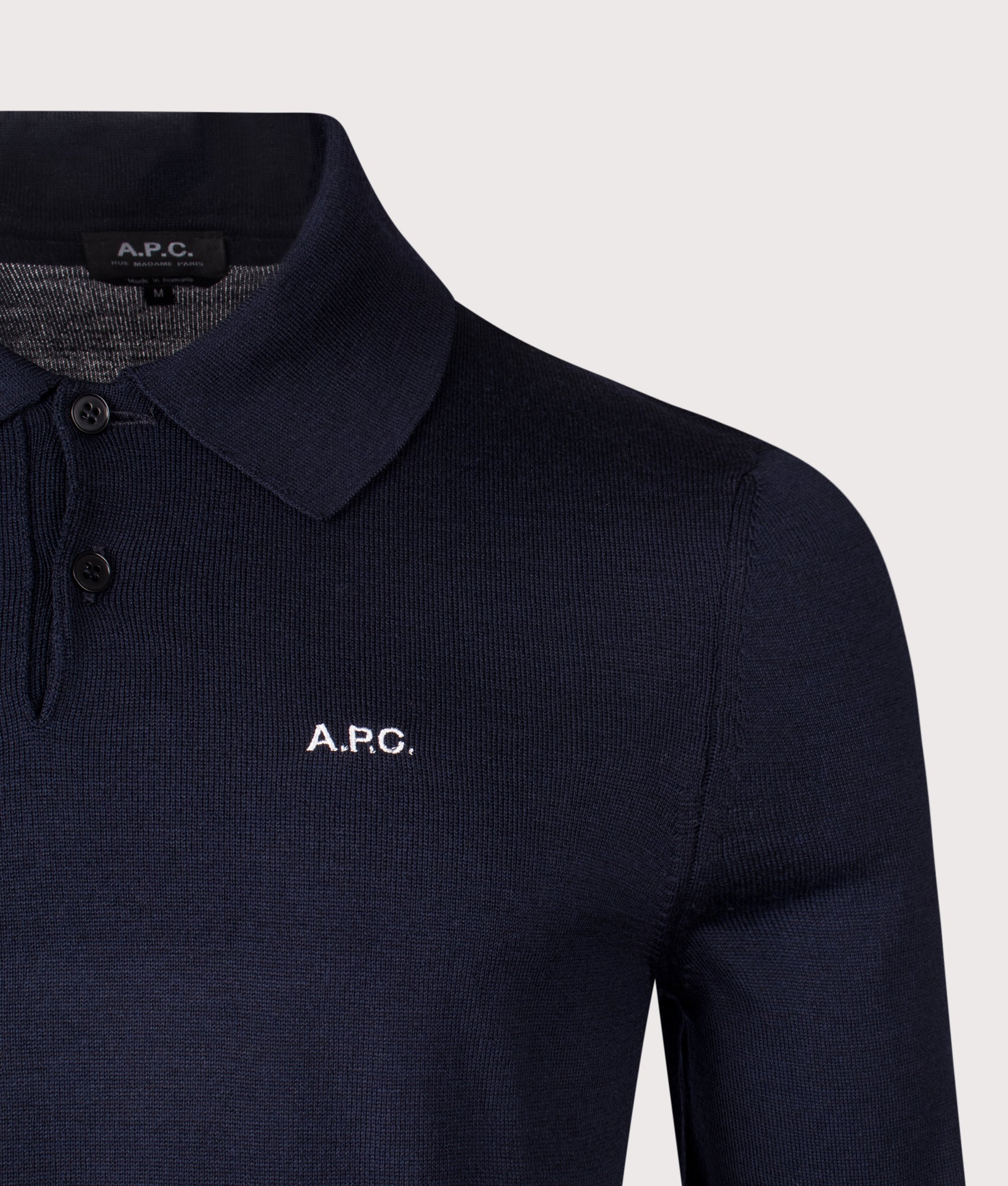 A.P.C Marcelin Polo Shirt in Dark Navy at EQVVS Menswear. Detail shot.