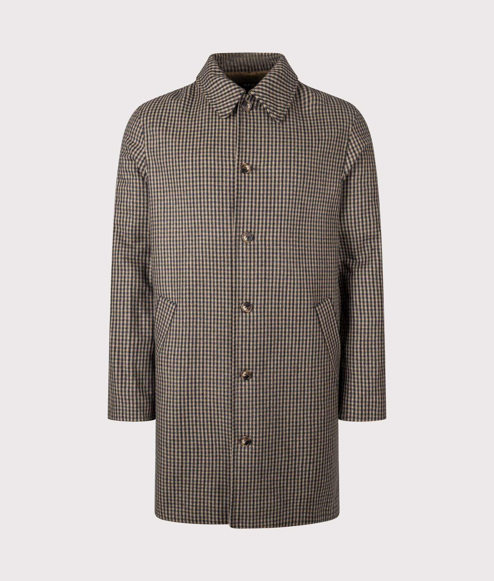 A.P.C Pied de Poule Coat in Brown at EQVVS Menswear. Front shot.