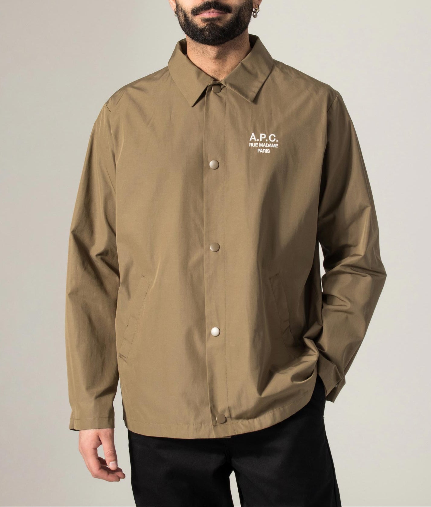 A.P.C. Regis Jacket in Ice Brown at EQVVS Menswear. Model shot.