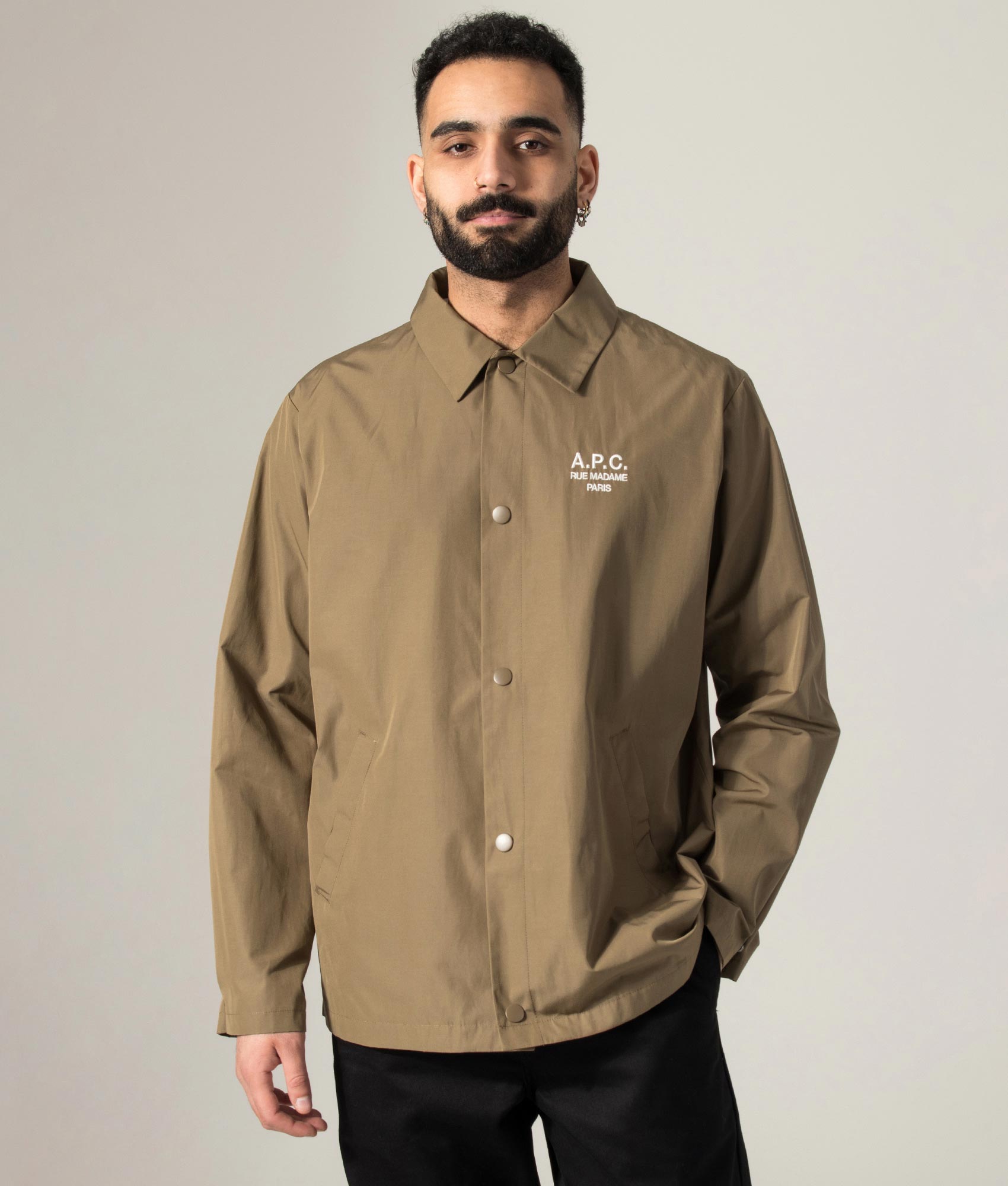 A.P.C. Regis Jacket in Ice Brown at EQVVS Menswear. Model shot.