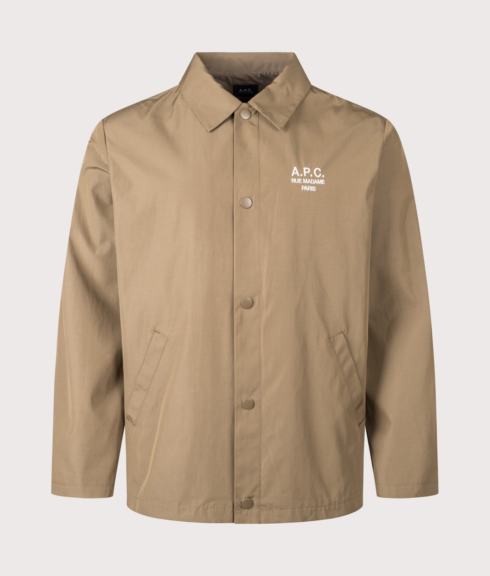 A.P.C. Regis Jacket in Ice Brown at EQVVS Menswear. Front shot.