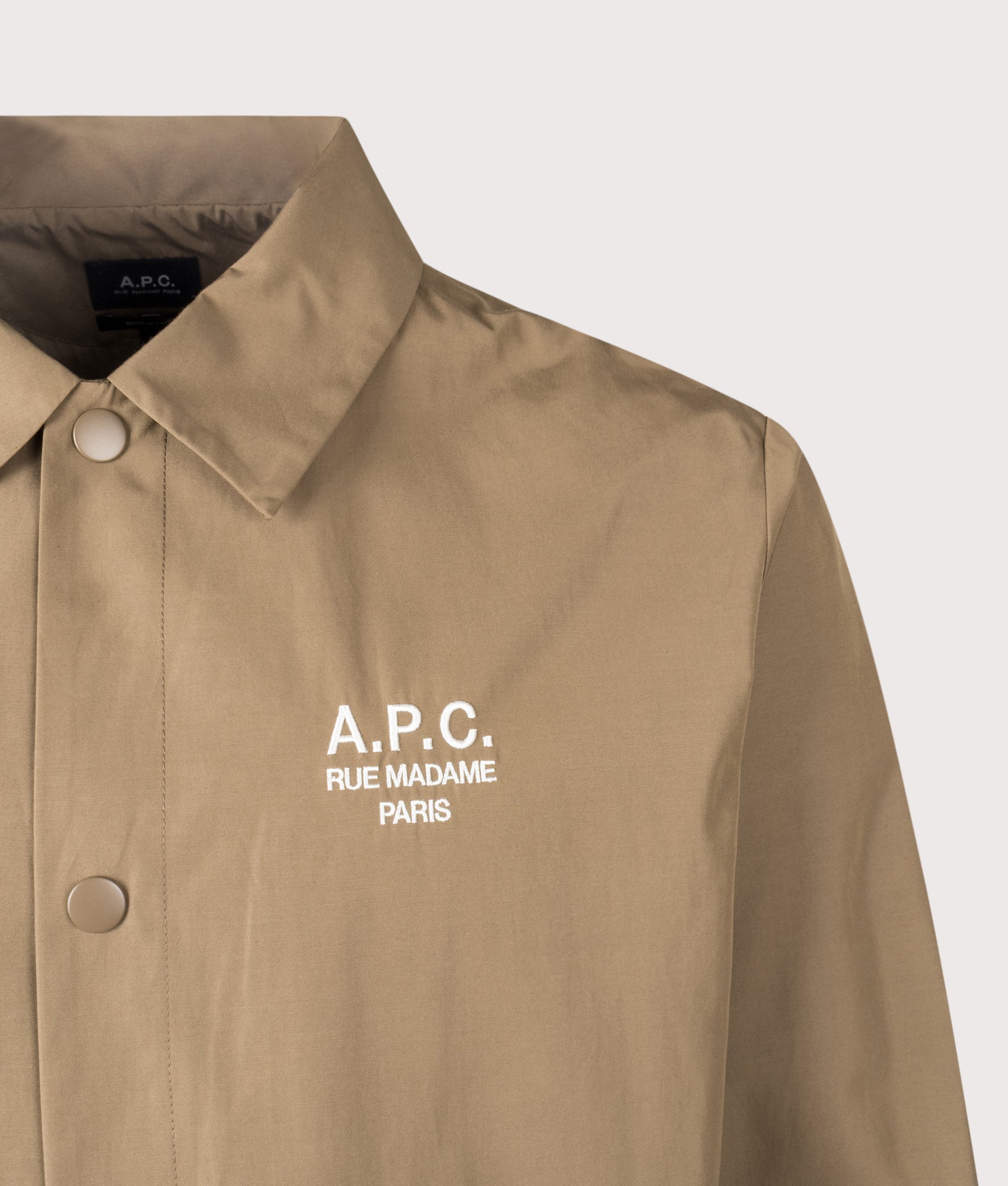 A.P.C. Regis Jacket in Ice Brown at EQVVS Menswear. Detail shot.