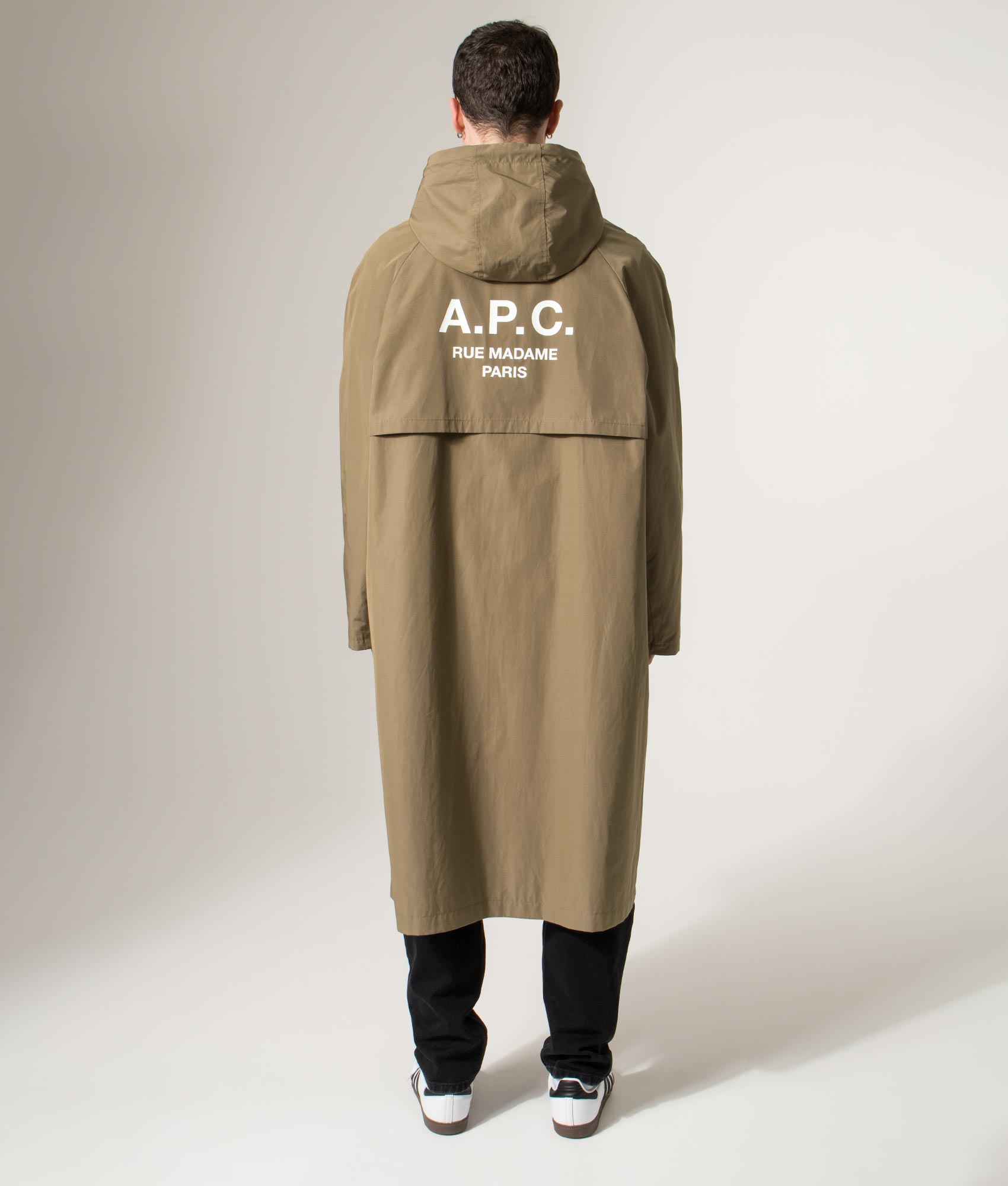 A.P.C. Kim Parka in Ice Brown at EQVVS Menswear. Model Back shot.
