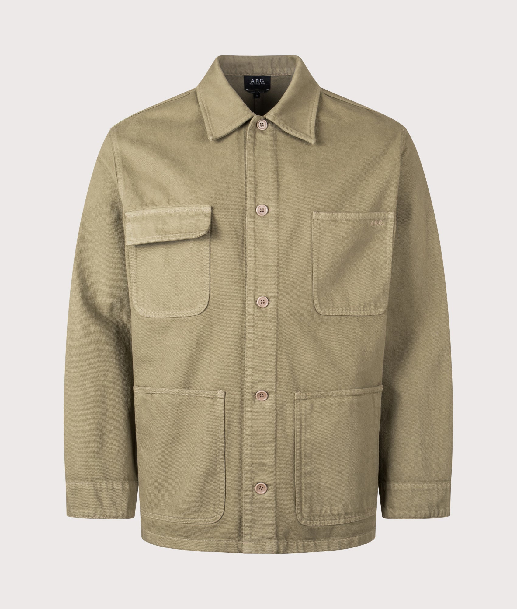 A.P.C. Relaxed Fit Overshirt in Gray Green at EQVVS Menswear. Front shot.