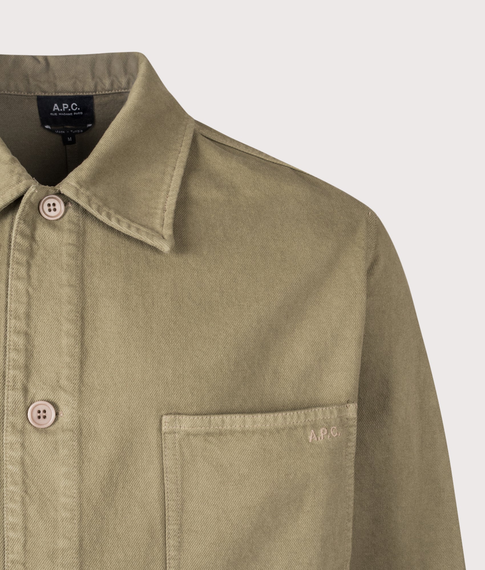 A.P.C. Relaxed Fit Overshirt in Gray Green at EQVVS Menswear. Detail shot.