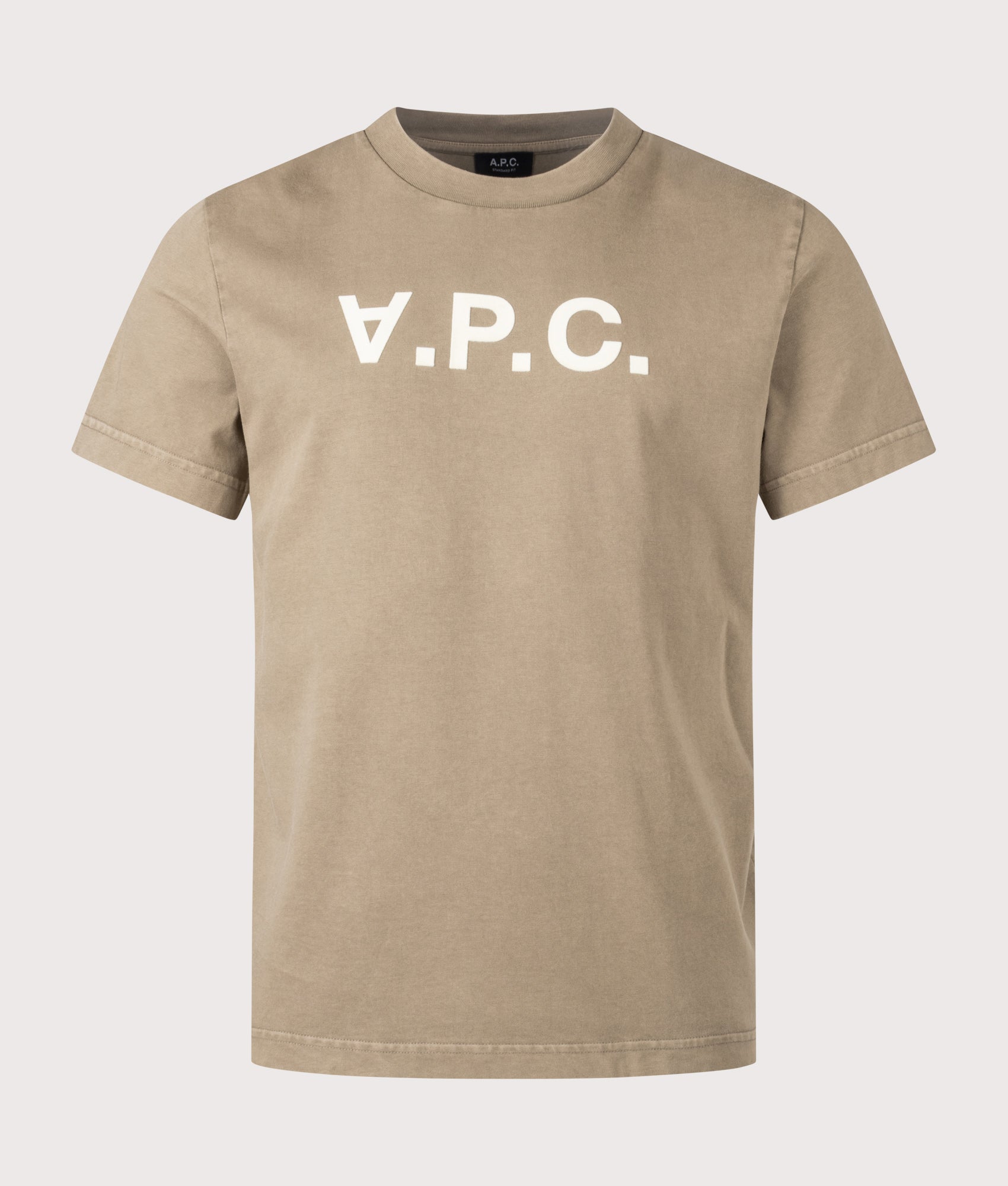 A.P.C. Standard Grand VPC T-Shirt in Light Khaki and Off White at EQVVS Menswear. Front shot.