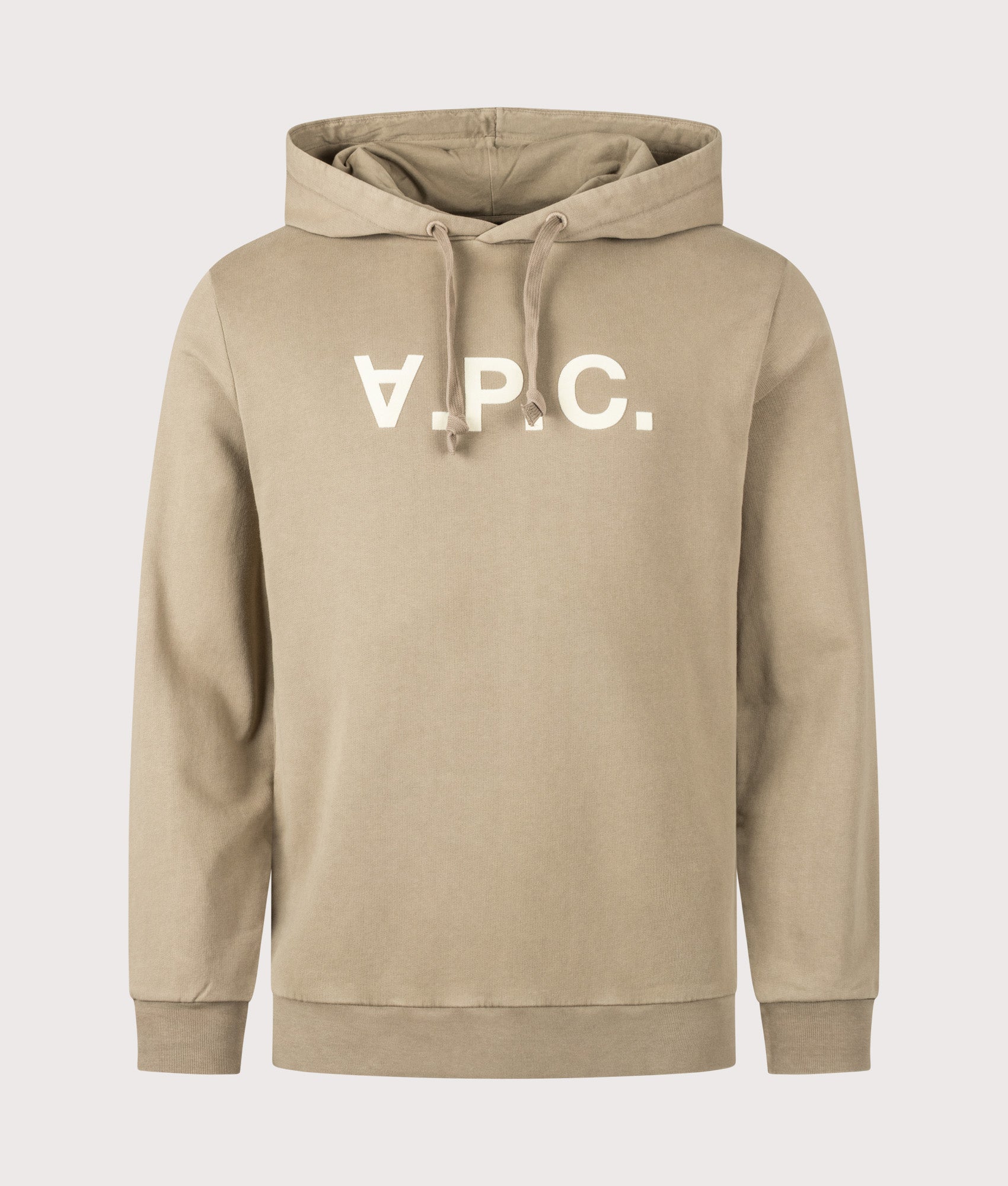 A.P.C. Standard Large VPC Hoodie in Light Khaki and Off White at EQVVS Menswear. Front shot.