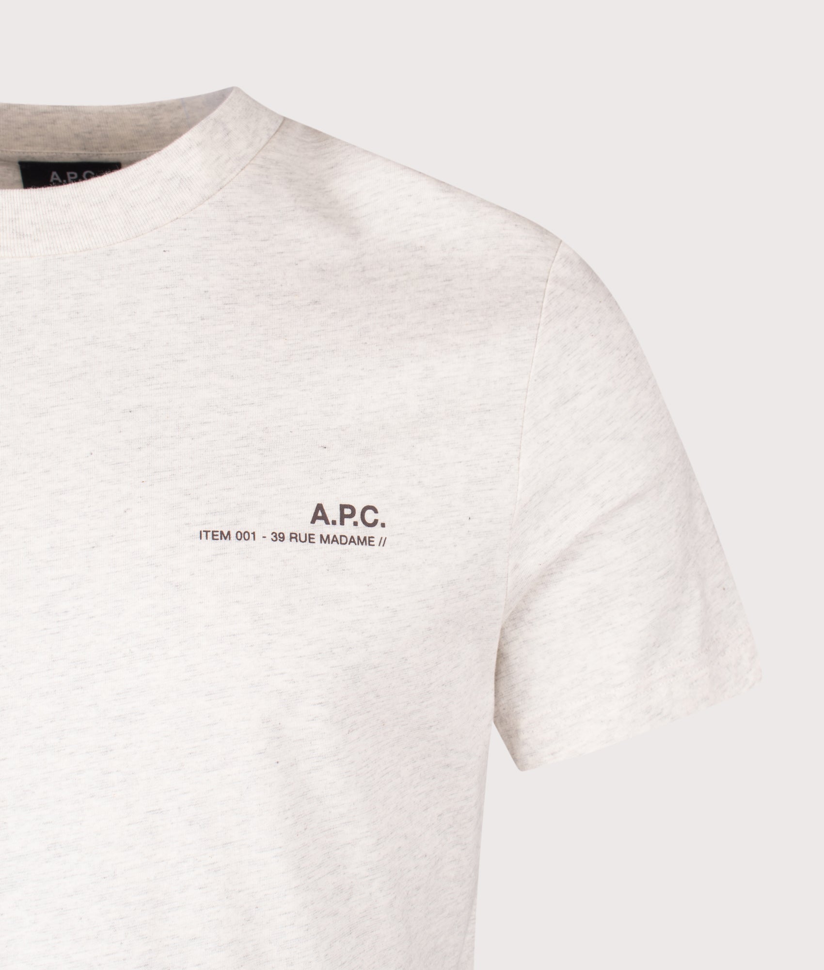 A.P.C. Standard Item T-Shirt in Ecru Chine and Brown at EQVVS Menswear. Detail shot.