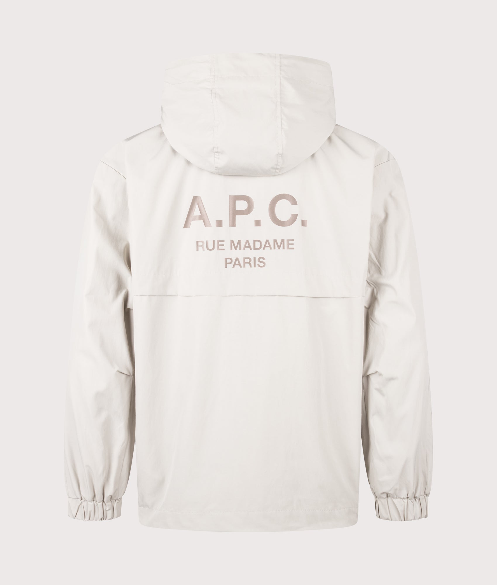 A.P.C. Windbreaker in Chalk at EQVVS Menswear. Back shot.