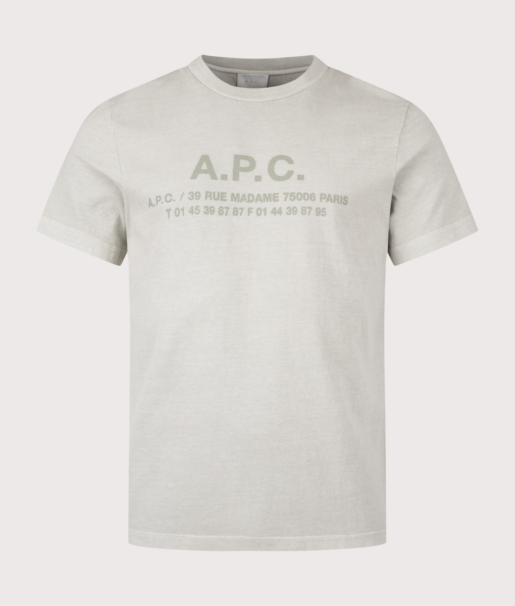 A.P.C. Address T-Shirt in Pale Green at EQVVS Menswear. Front shot.