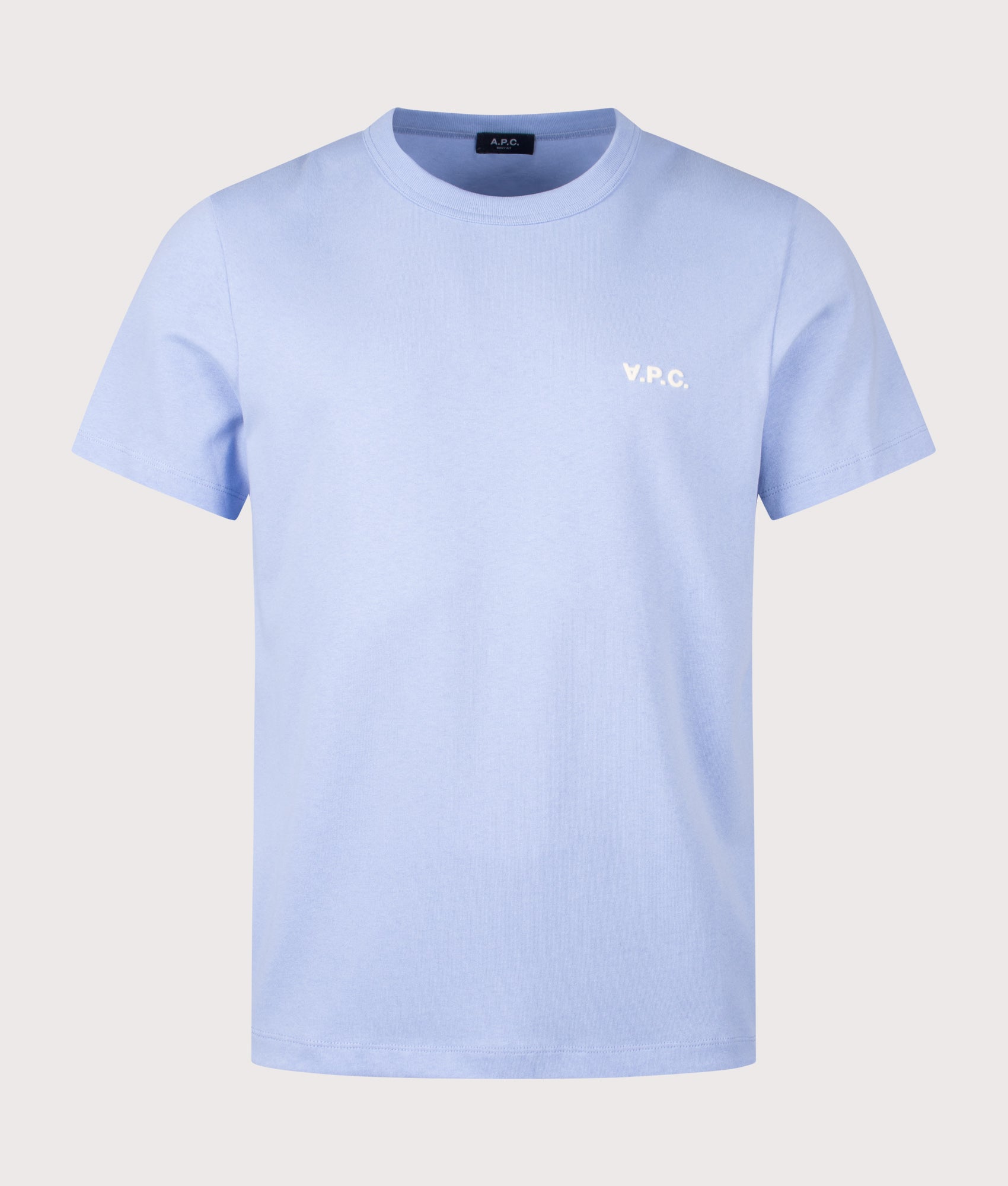 A.P.C. Relaxed Fit Petit VPC Logo T-Shirt in Light Blue at EQVVS Menswear. Front shot.