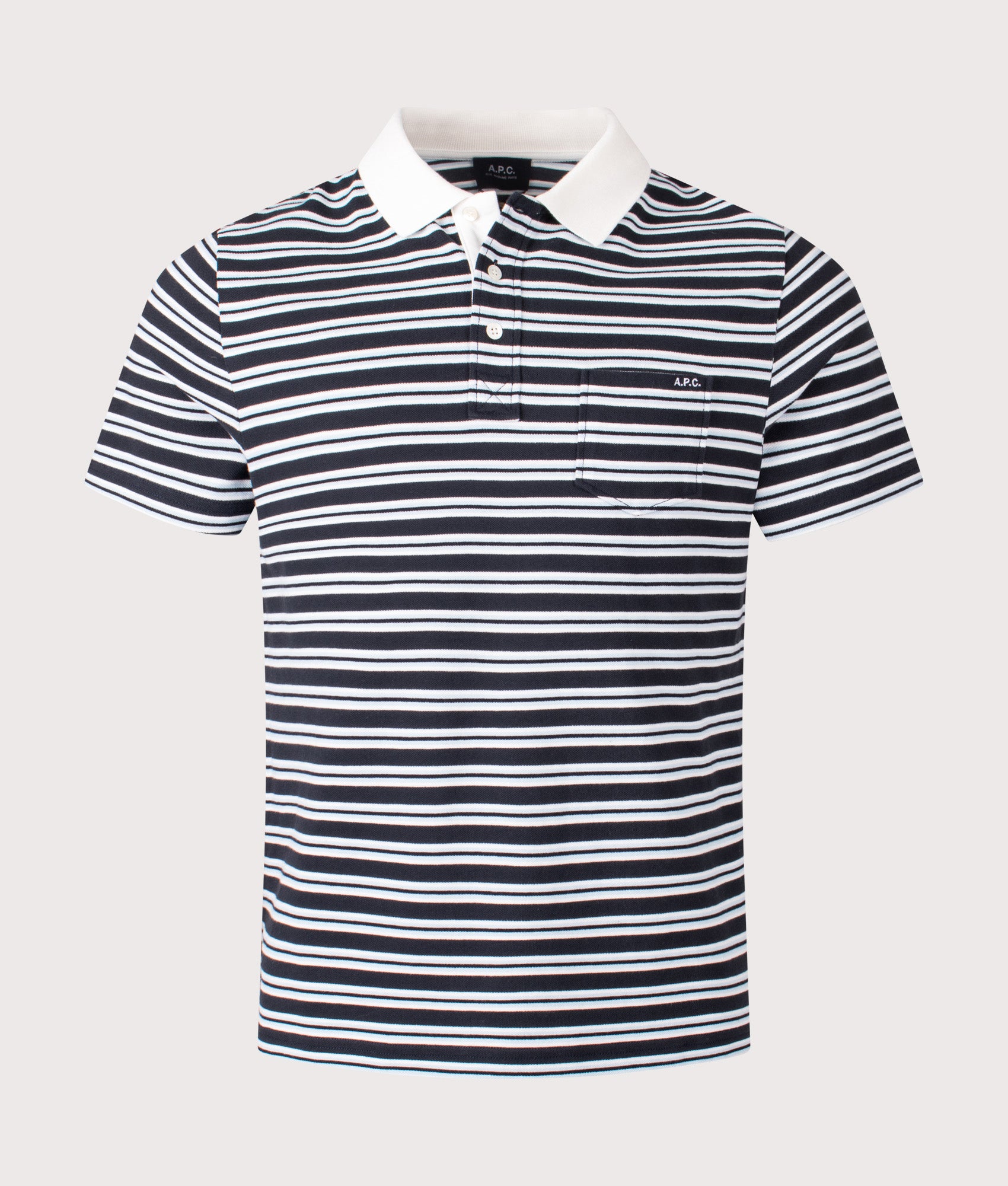 A.P.C. Relaxed fit Oscar Striped Polo Shirt in Dark Navy at EQVVS Menswear. Front shot.
