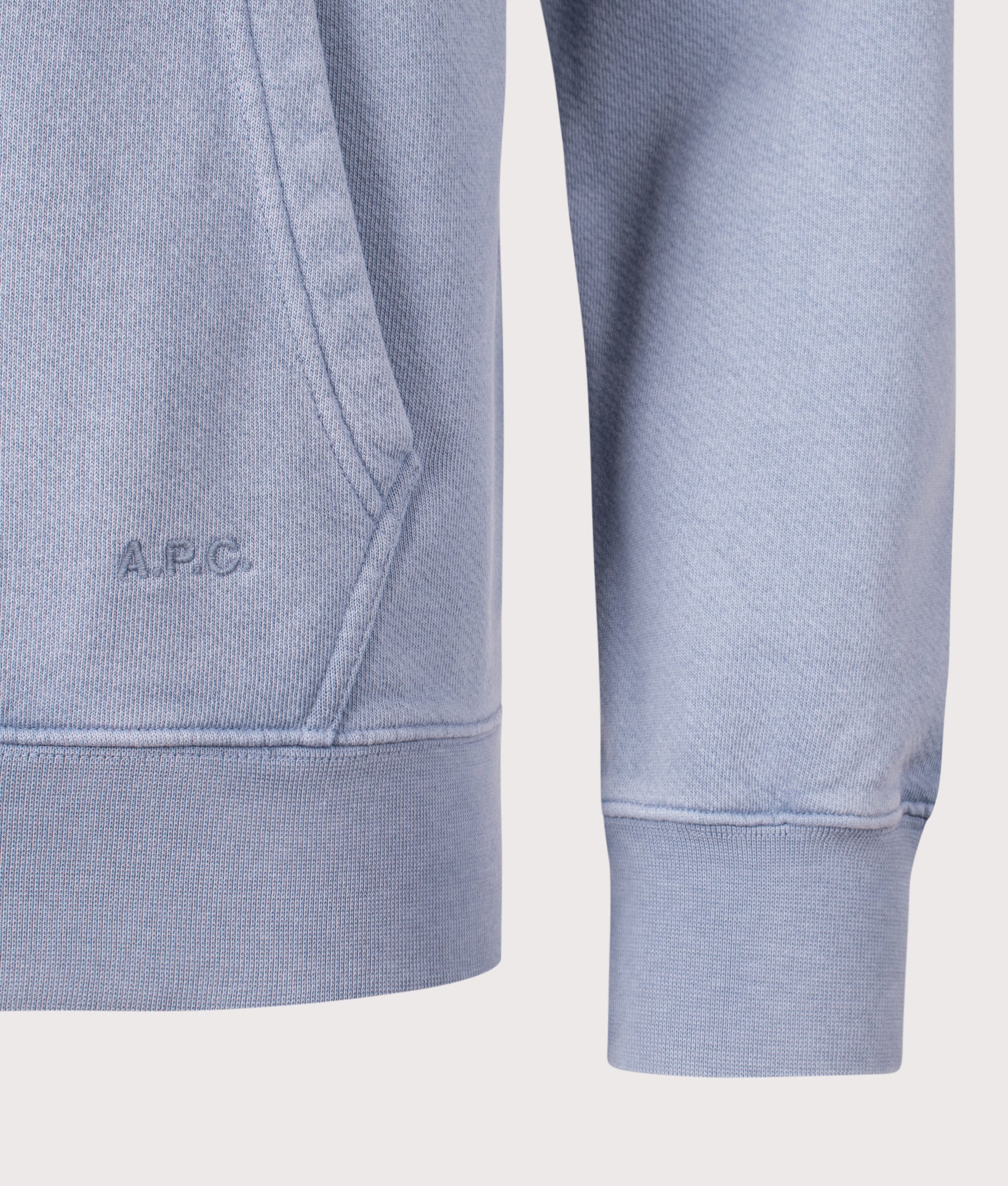 A.P.C. Relaxed Fit Camionneur Sweatshirt in Light Blue at EQVVS Menswear. Detail shot.