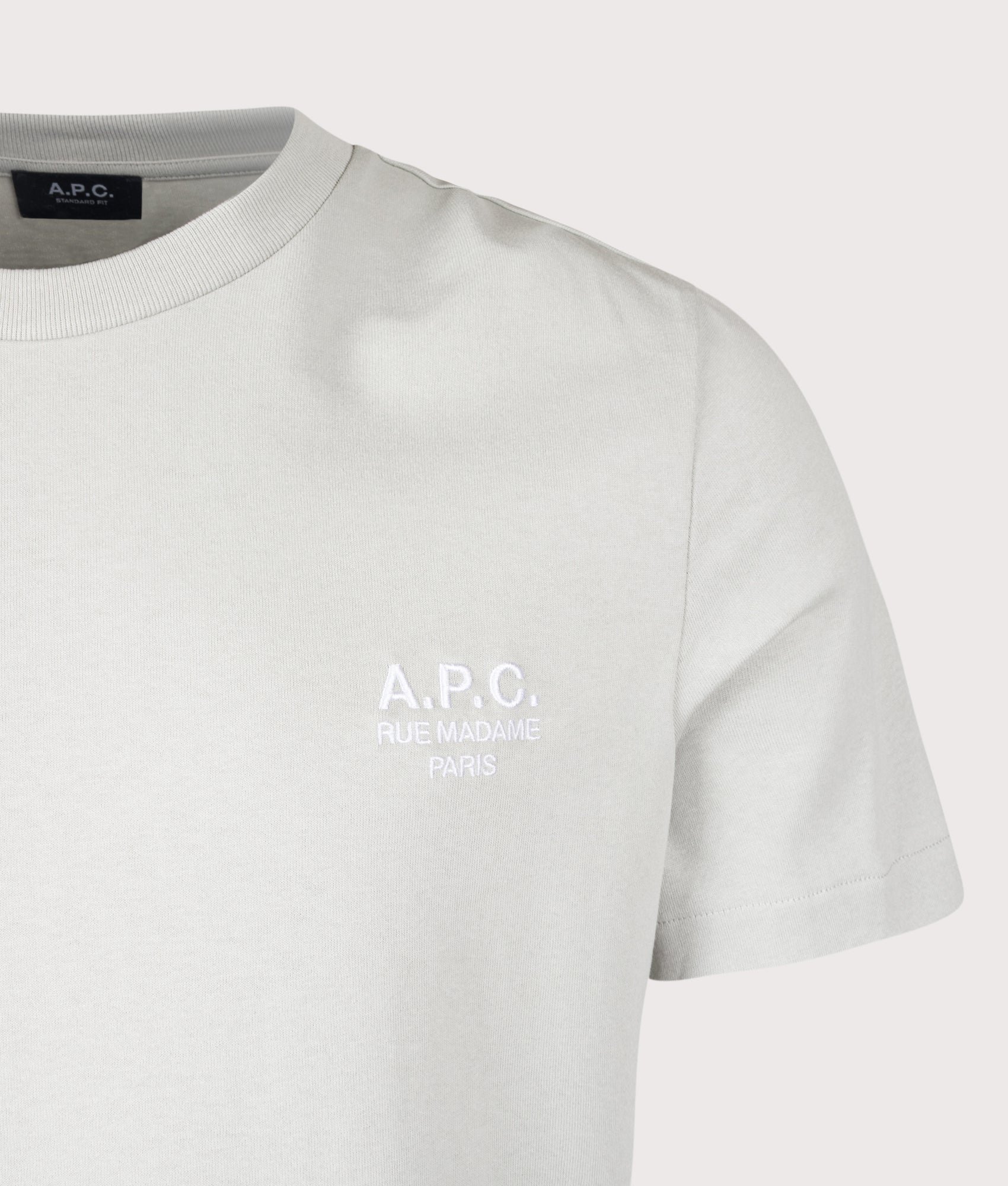 A.P.C. Standard Rue Madame T-Shirt in Light Blue at EQVVS Menswear. Detail shot.