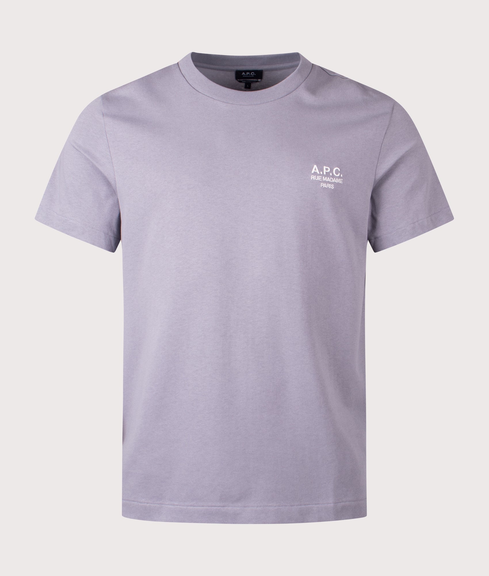 A.P.C. Standard Rue Madame T-Shirt in Lilac and White at EQVVS Menswear. Front shot.