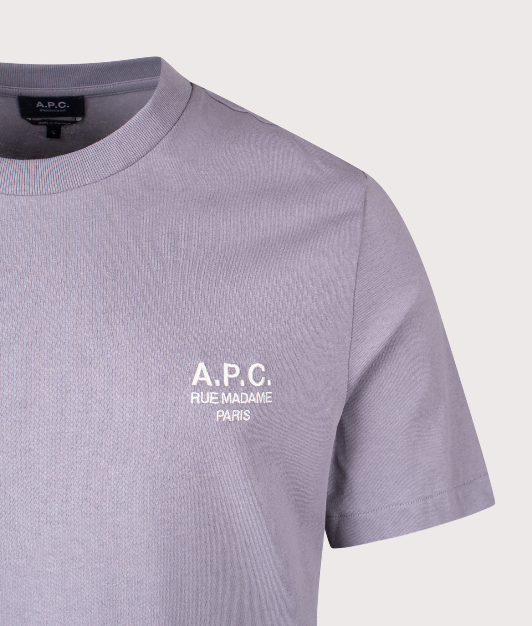 A.P.C. Standard Rue Madame T-Shirt in Lilac and White at EQVVS Menswear. Detail shot.