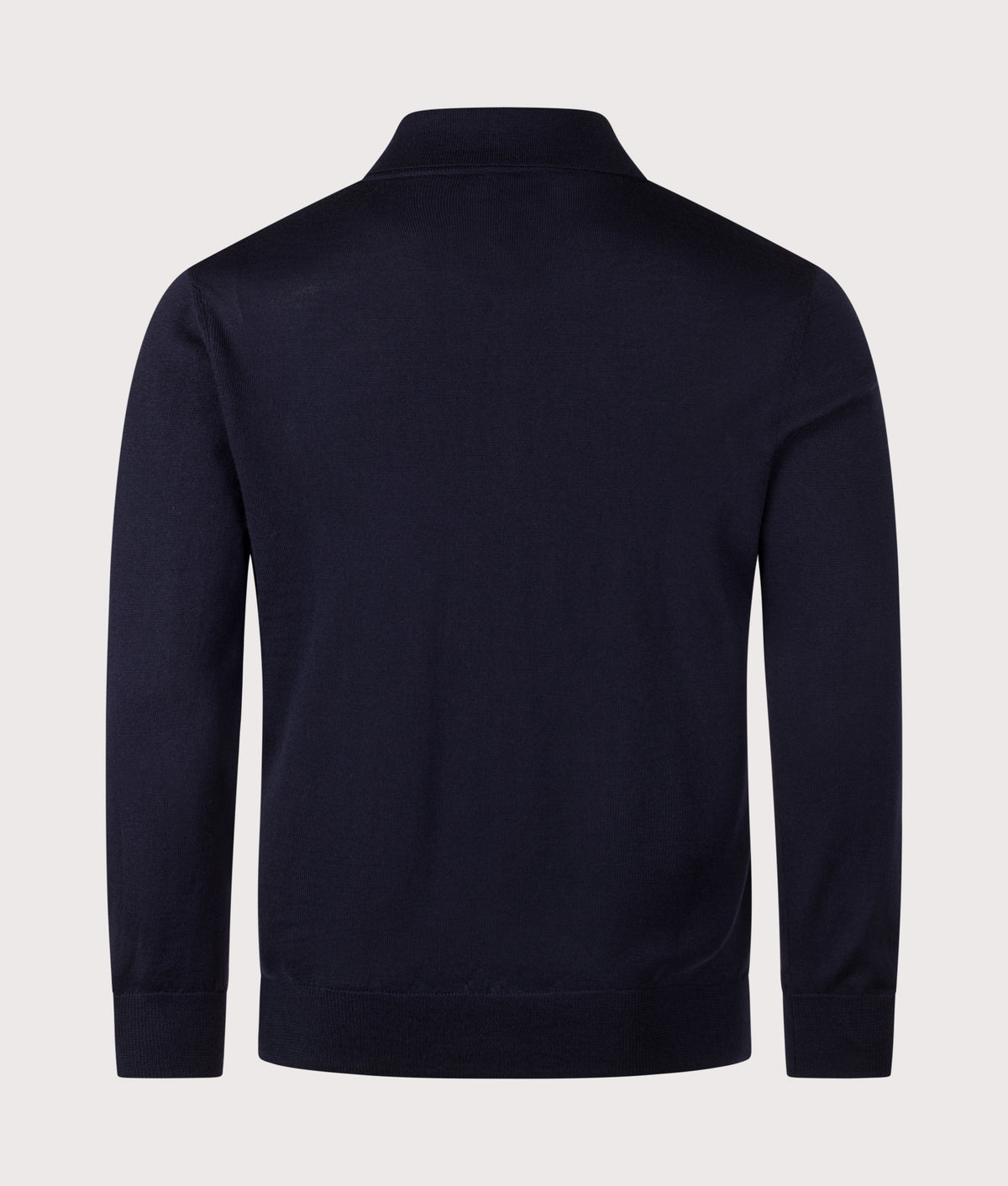 A.P.C. Regular Fit Knitted Long Sleeve Riou Polo Shirt in Dark Navy at EQVVS Menswear. Back shot.
