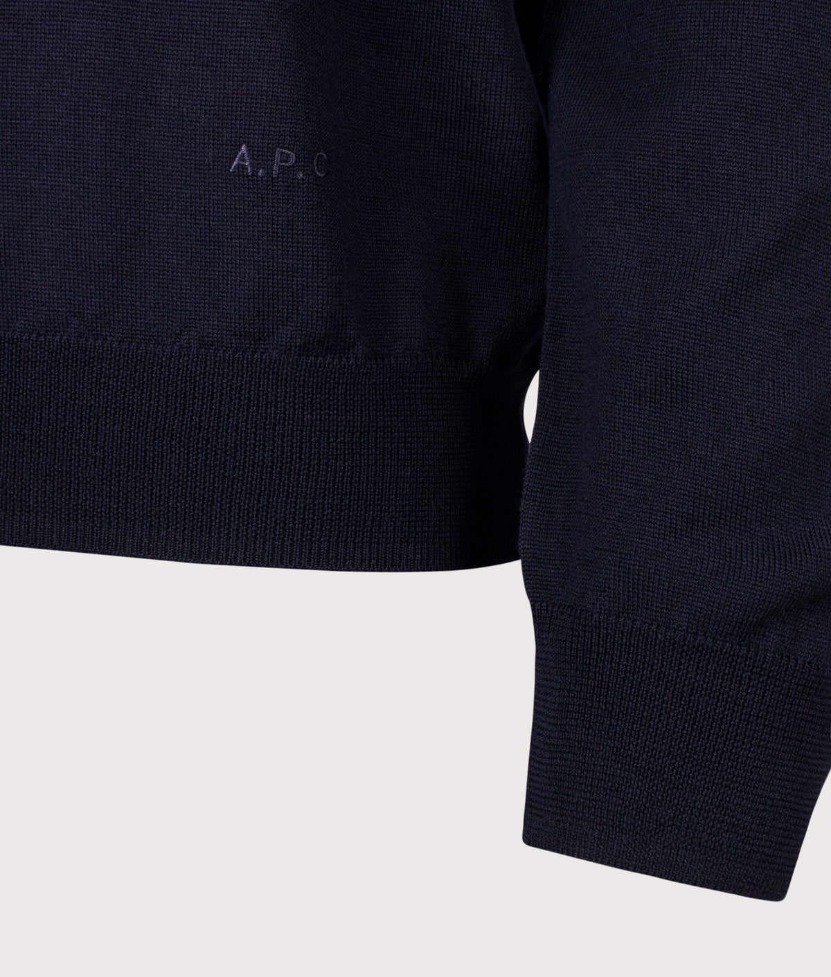 A.P.C. Regular Fit Matthieu Jumper in Dark Navy at EQVVS Menswear. Detail shot.