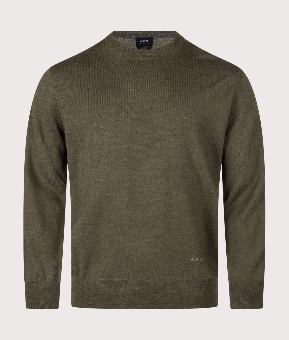 A.P.C. Regular Fit Matthieu Jumper in Dark Green at EQVVS Menswear. Front shot.