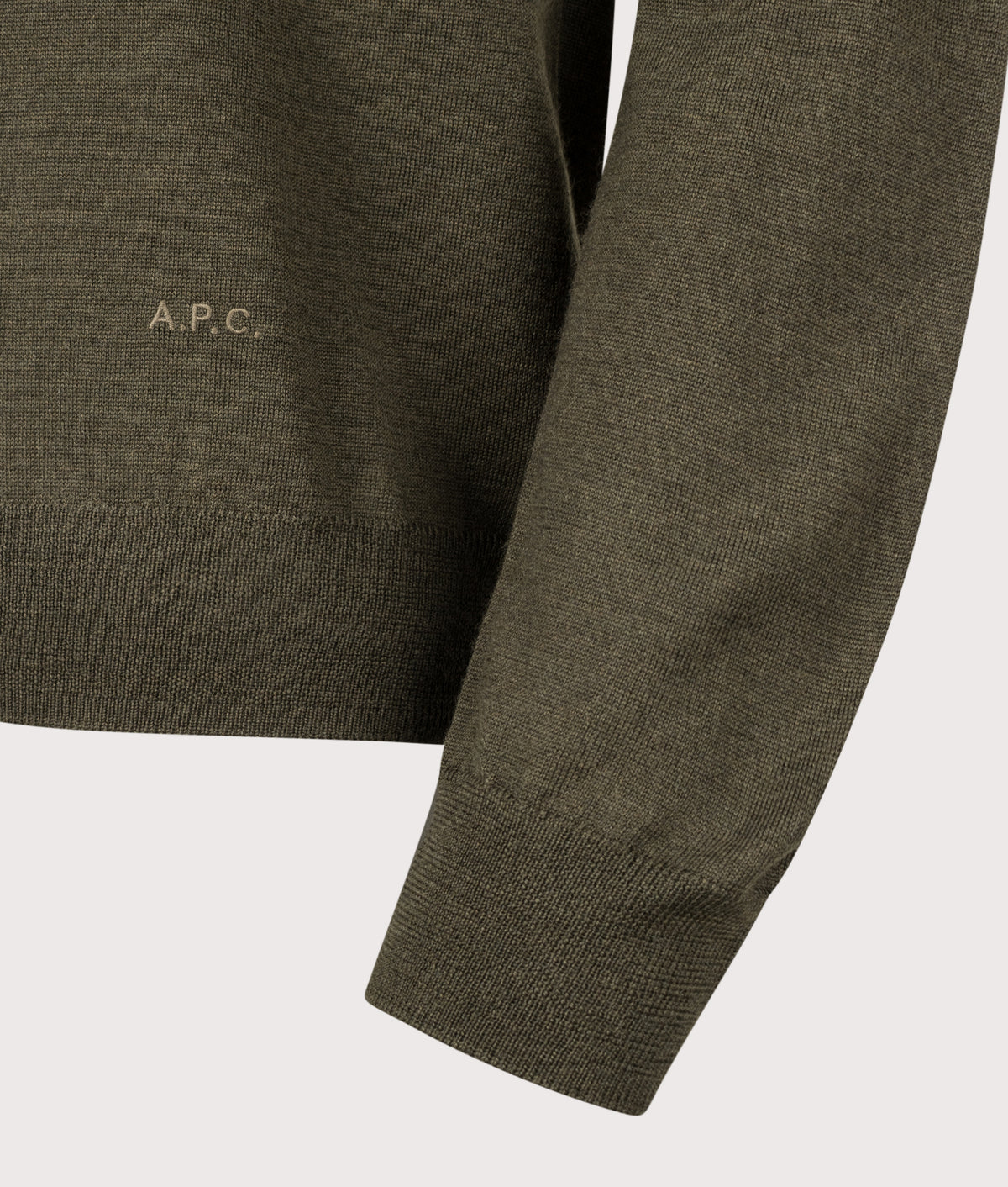 A.P.C. Regular Fit Matthieu Jumper in Dark Green at EQVVS Menswear. Detail shot.