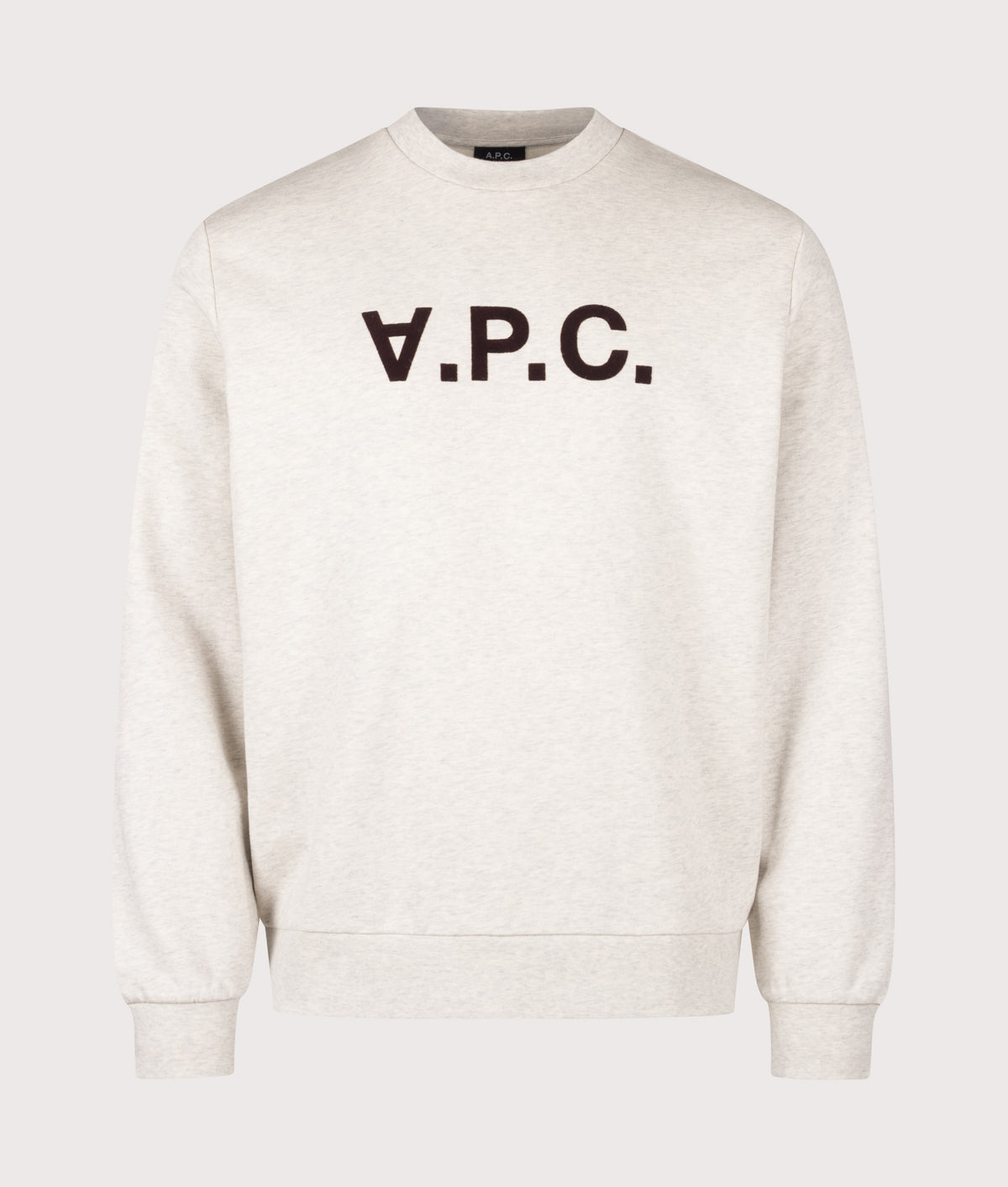 A.P.C. Relaxed Fit Grand VPC Logo GOTS Sweatshirt in Ecru Heather and Brown at EQVVS Menswear. Front shot.