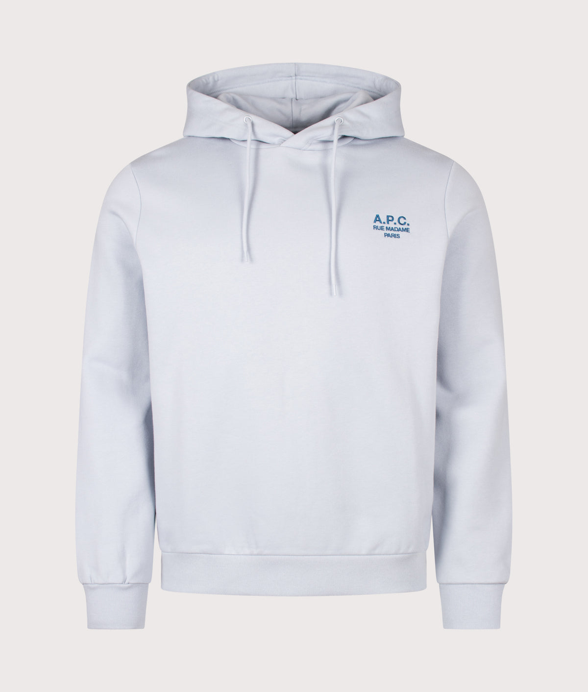 A.P.C. Regular Fit Rue Madame GOTS Hoodie in Light Blue and Dark Blue at EQVVS Menswear. Front shot.