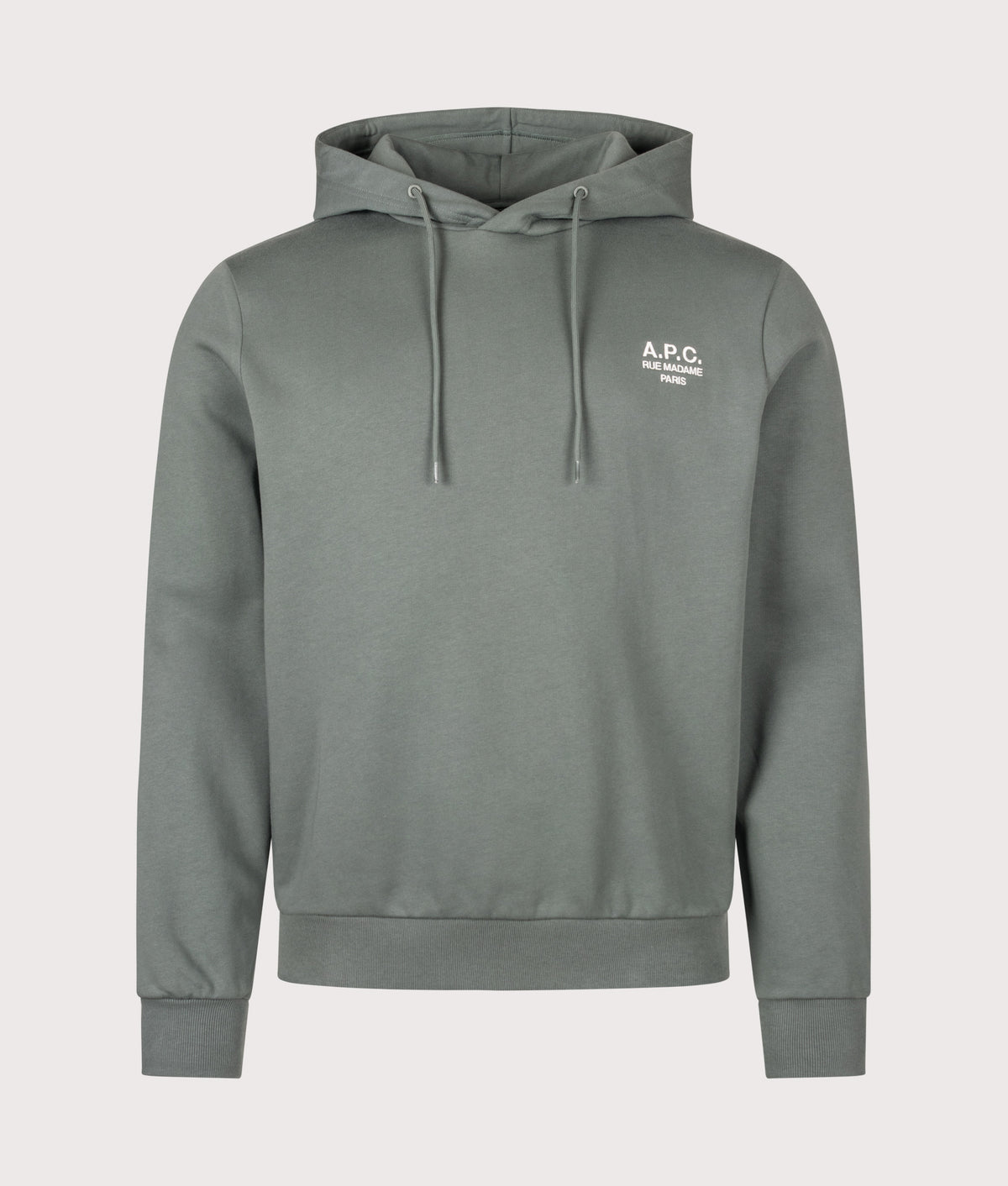 A.P.C. Regular Fit Rue Madame GOTS Hoodie in Grey-green and White at EQVVS Menswear. Front shot.