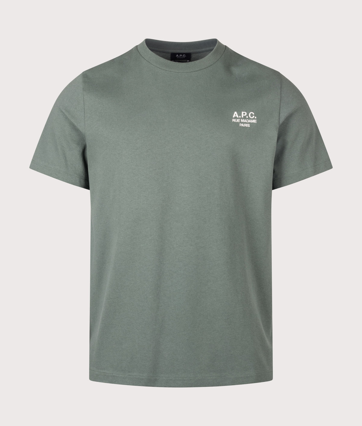 A.P.C. Regular Fit Rue Madame GOTS T-Shirt in Grey-green and White at EQVVS Menswear. Front shot.