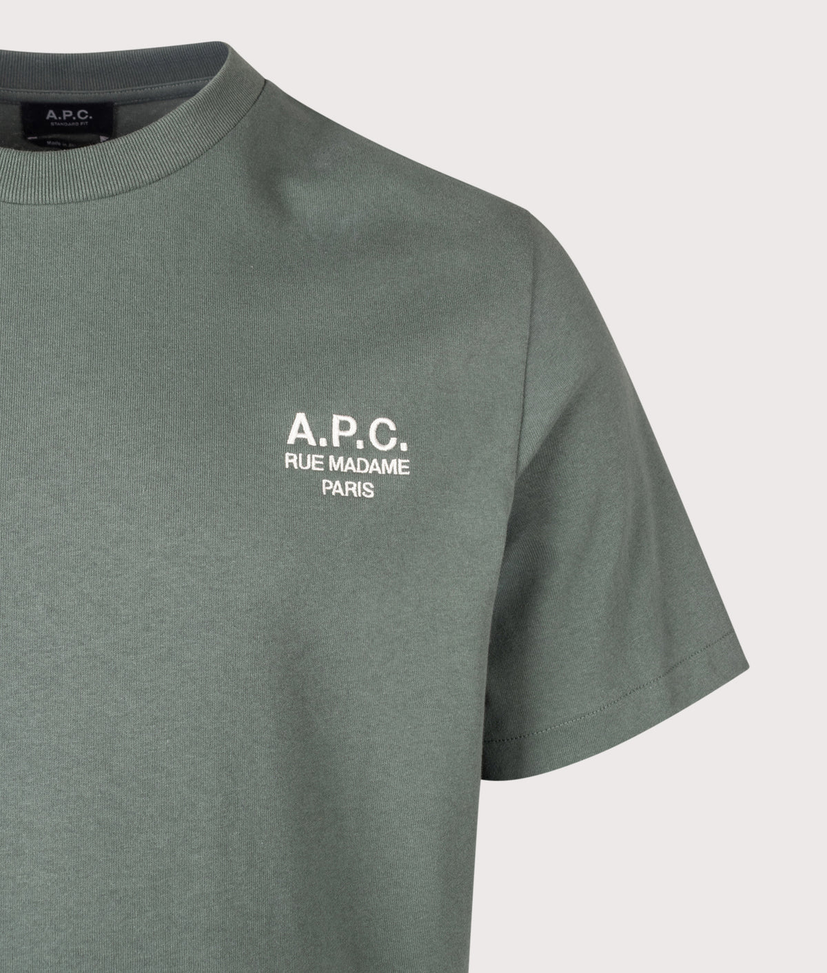 A.P.C. Regular Fit Rue Madame GOTS T-Shirt in Grey-green and White at EQVVS Menswear. Detail shot.