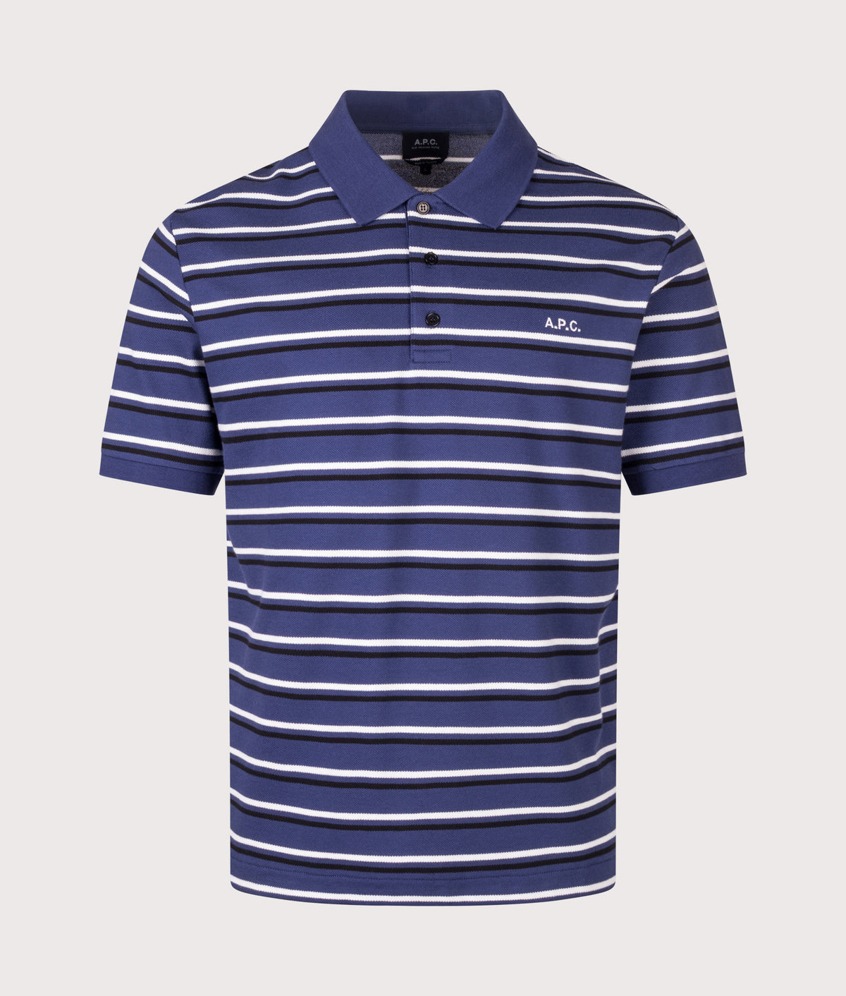 A.P.C. Regular Fit Joe Polo Shirt in Dark Blue at EQVVS Menswear. Front shot.