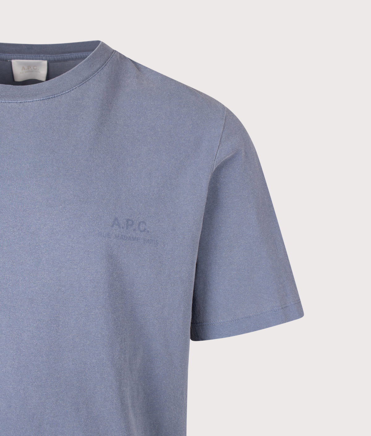 A.P.C. Regular Fit Gabby GOTS T-Shirt in Grey Blue at EQVVS Menswear. Detail shot.