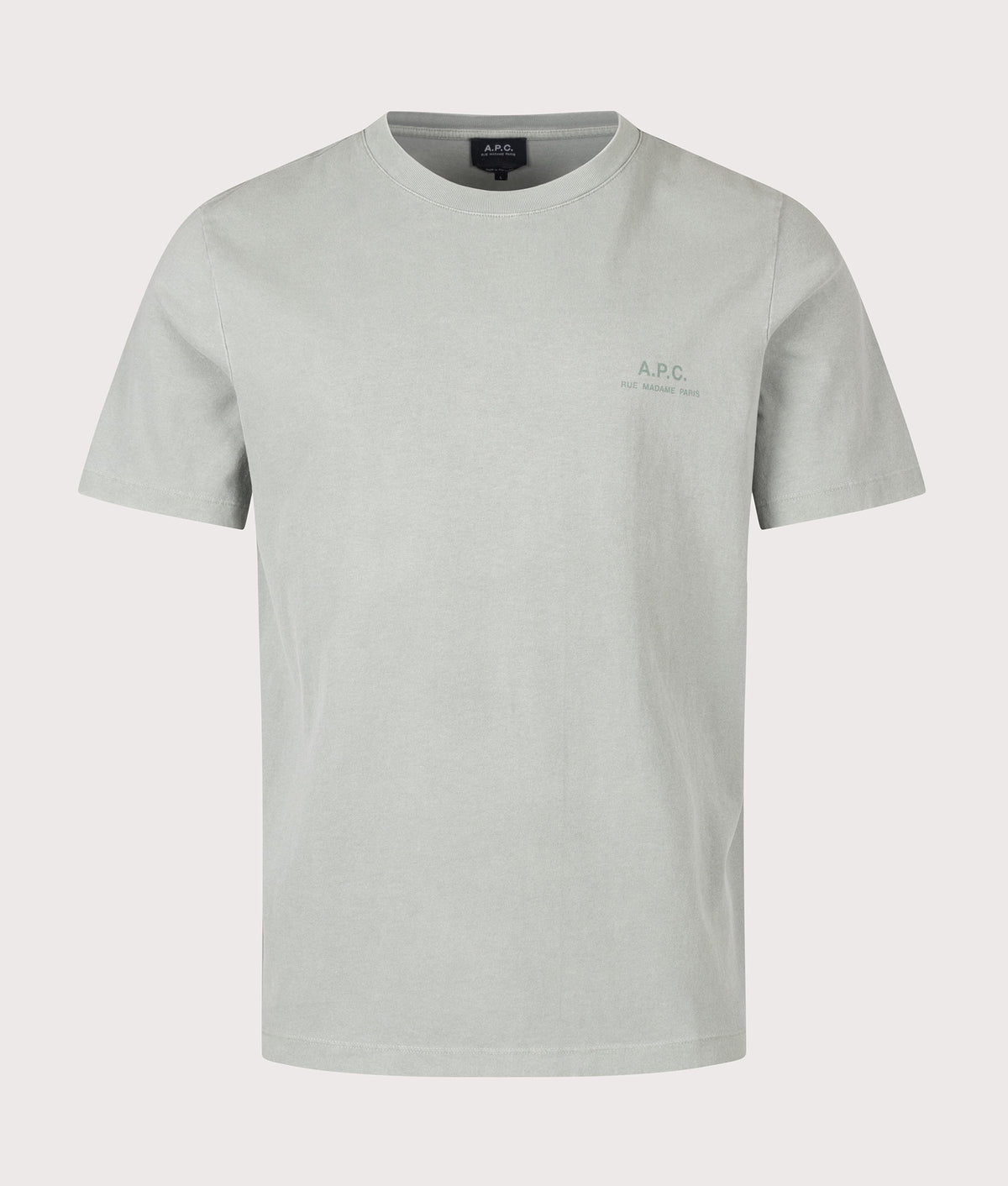 A.P.C. Regular Fit Gabby GOTS T-Shirt in Grey Green at EQVVS Menswear. Front shot.