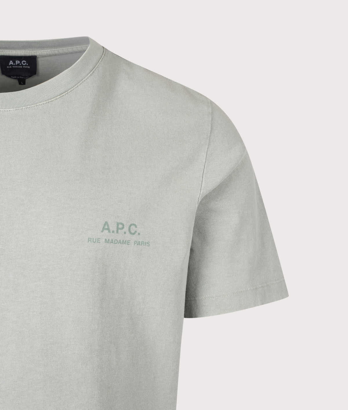 A.P.C. Regular Fit Gabby GOTS T-Shirt in Grey Green at EQVVS Menswear. Detail shot.