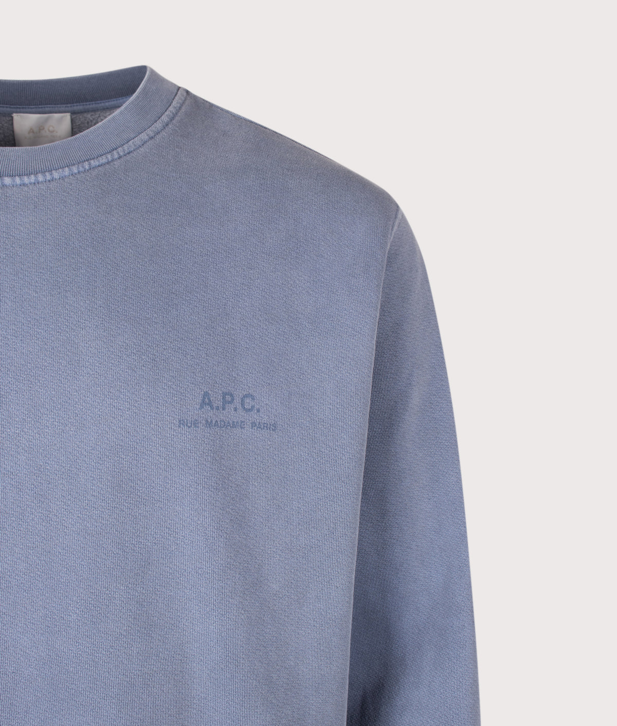 A.P.C. Loose Fit Fernando GOTS Sweatshirt  in Grey Blue at EQVVS Menswear. Detail shot.