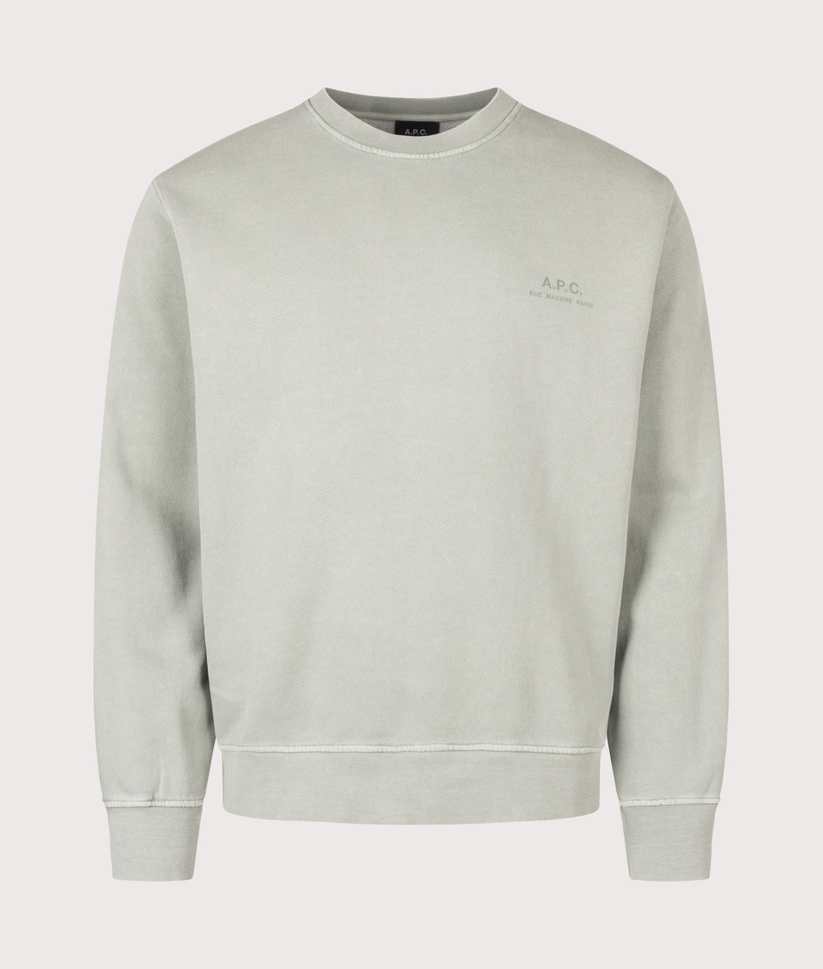 A.P.C. Loose Fit Fernando GOTS Sweatshirt in Grey Green at EQVVS Menswear. Front shot.