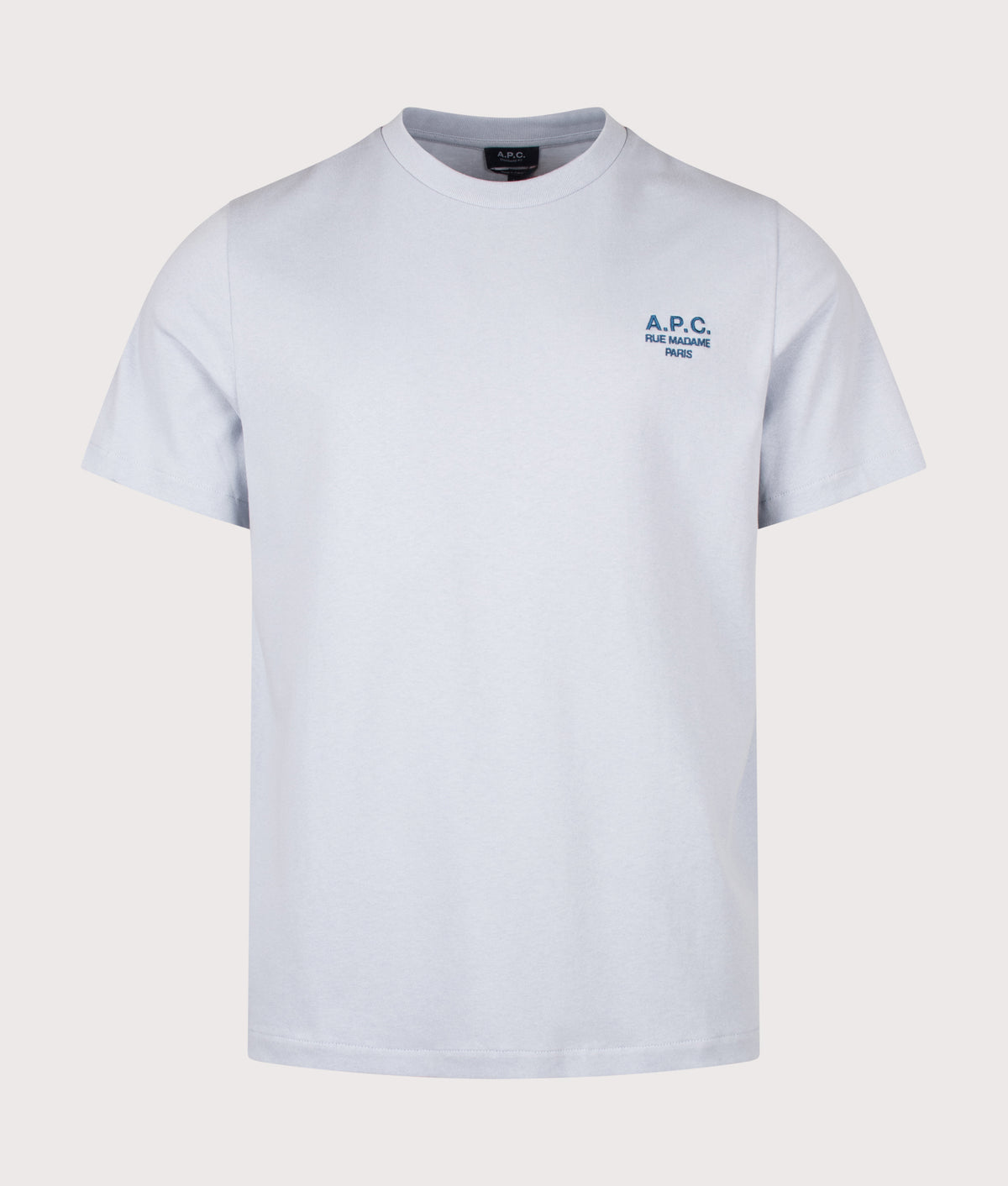 A.P.C. Regular Fit Rue Madame GOTS T-Shirt in Light Blue and Dark Blue at EQVVS Menswear. Front shot.